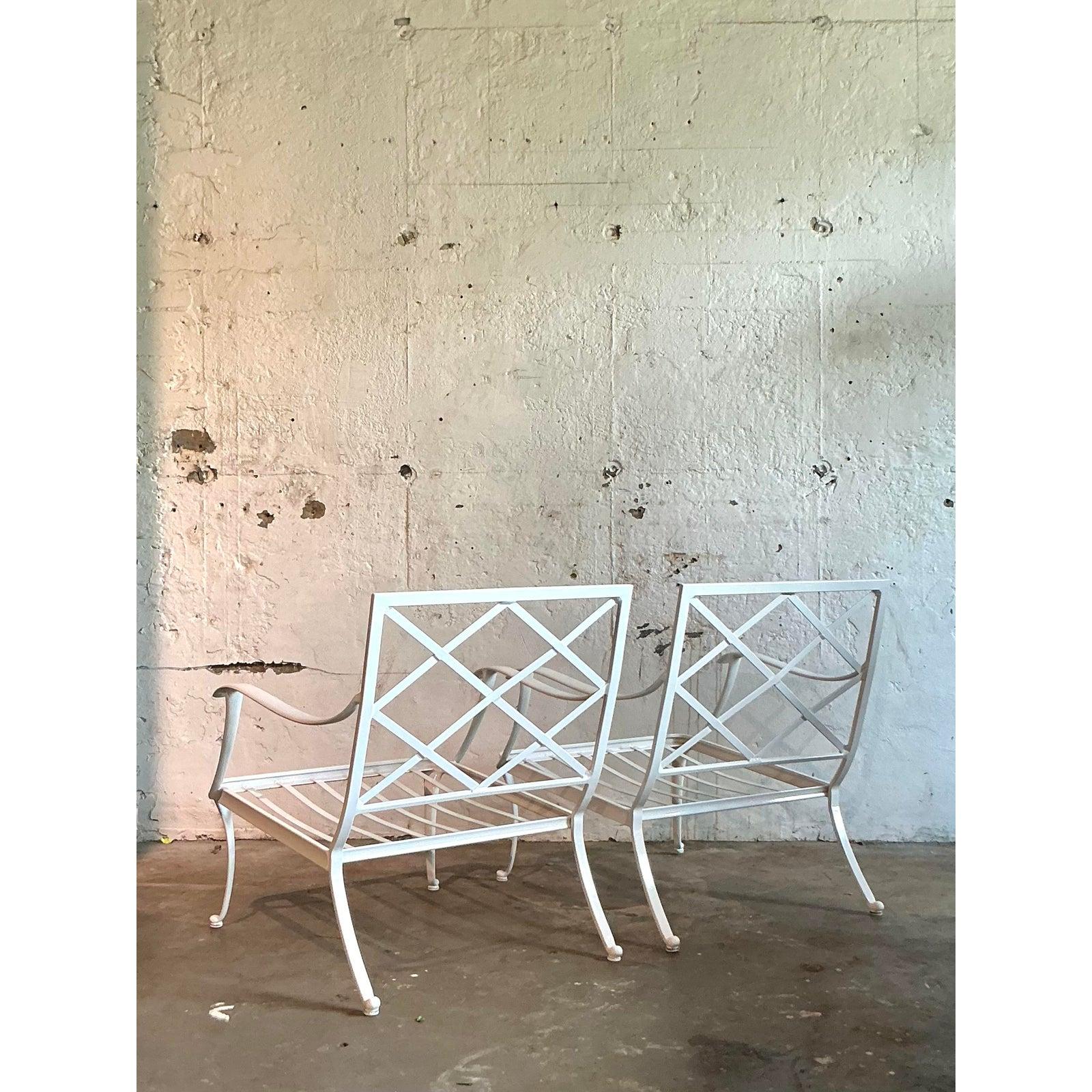 Hollywood Regency Vintage Boho Trellis Lounge Chairs After Brown Jordan - A Pair For Sale