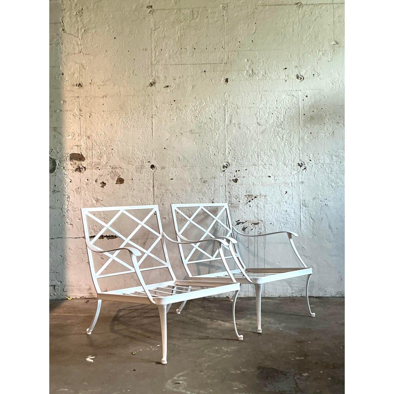 American Vintage Boho Trellis Lounge Chairs After Brown Jordan - A Pair For Sale