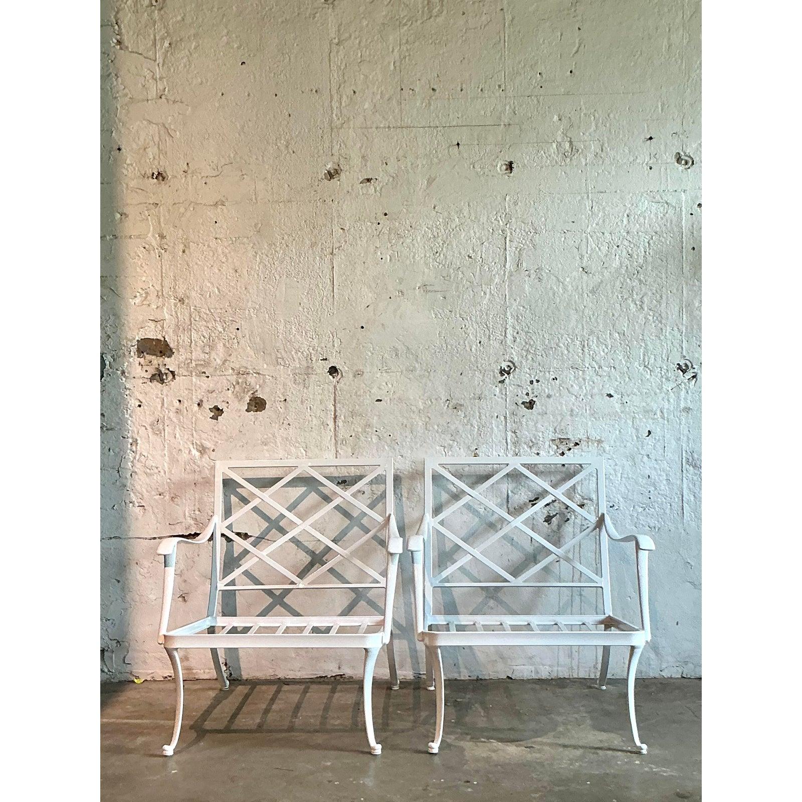 Vintage Boho Trellis Lounge Chairs After Brown Jordan - A Pair In Good Condition For Sale In West Palm Beach, FL