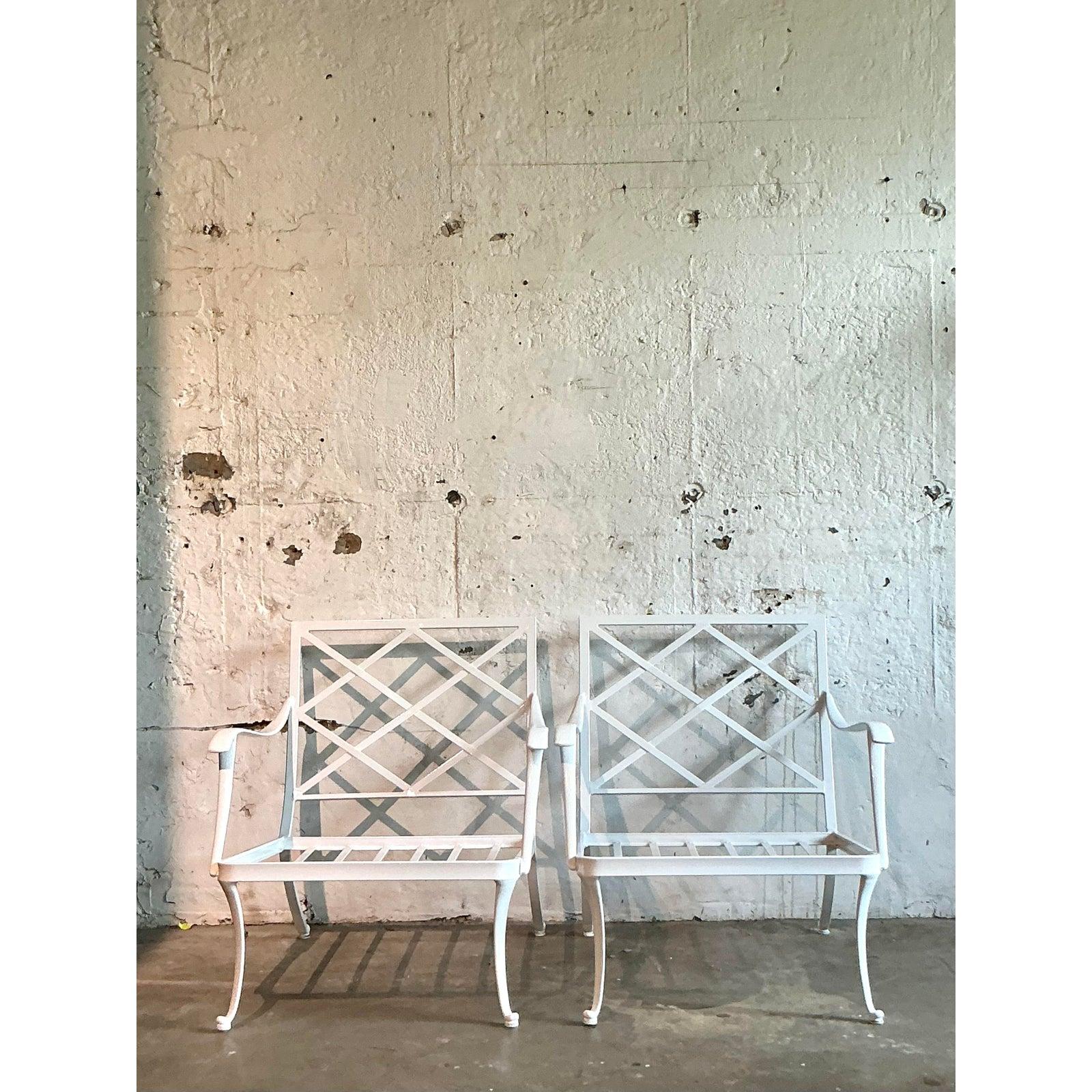 20th Century Vintage Boho Trellis Lounge Chairs After Brown Jordan - A Pair For Sale