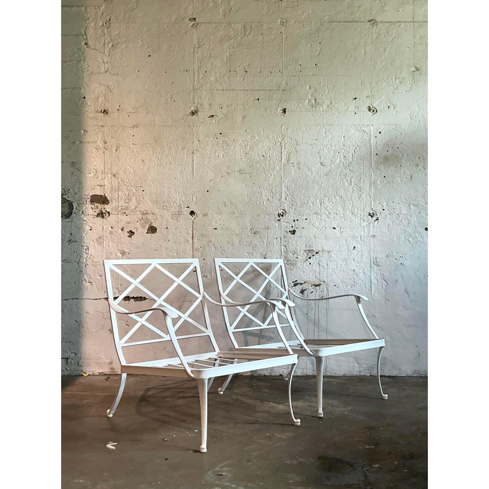 Aluminum Vintage Boho Trellis Lounge Chairs After Brown Jordan - A Pair For Sale