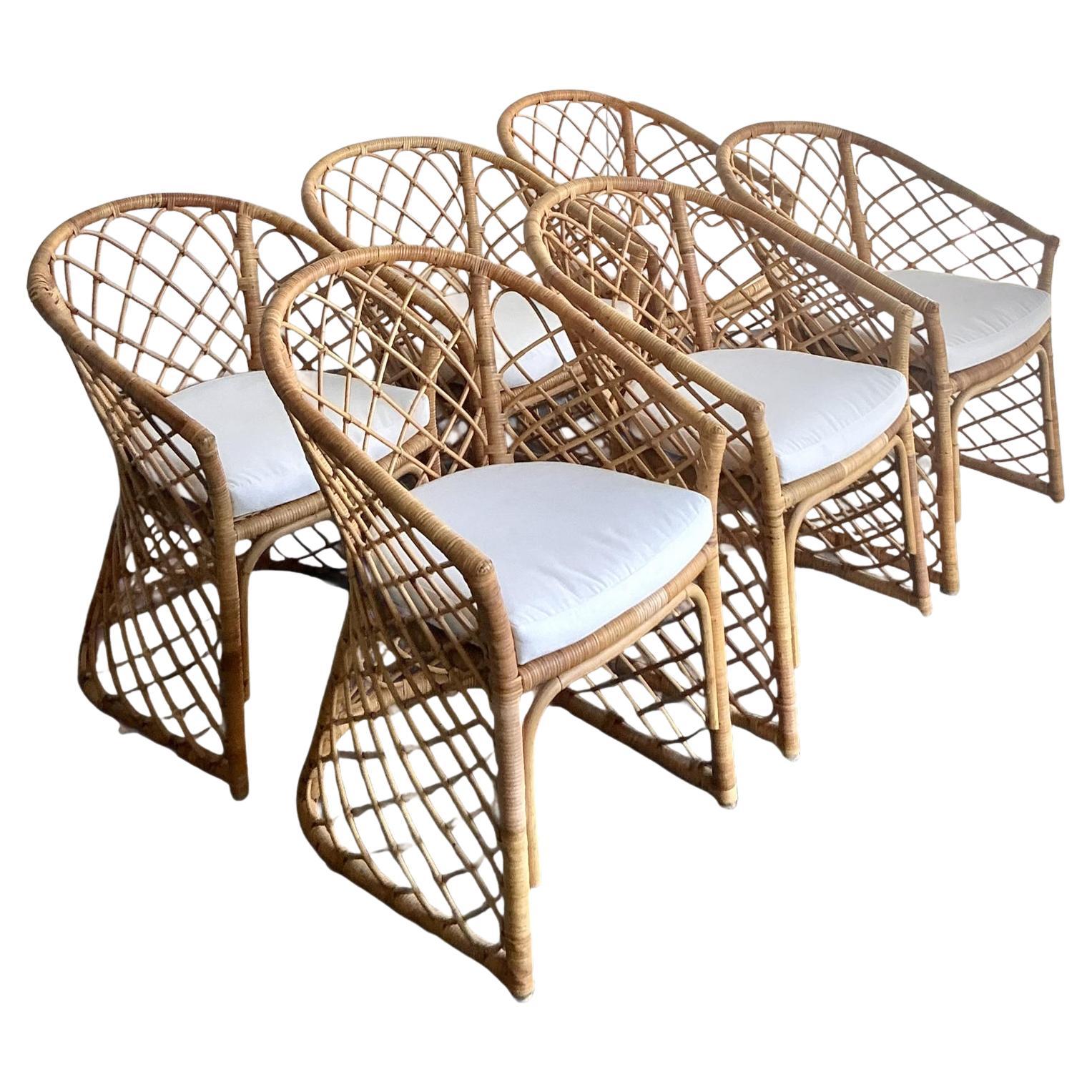 Vintage Boho Trellis Rattan Dining Chairs - Set of 6 For Sale