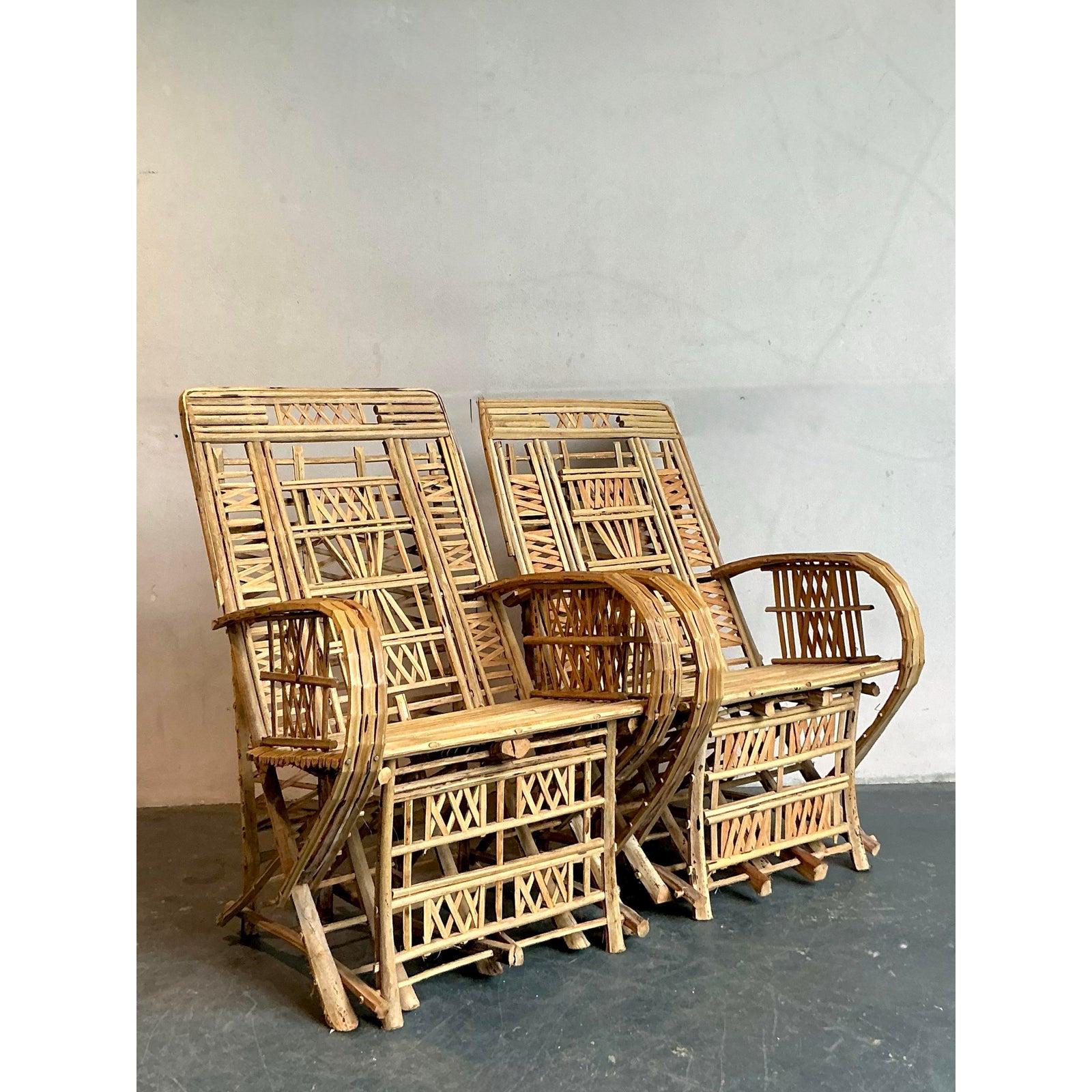 Philippine Vintage Boho Trellis Rattan Lounge Chairs - Set of 2 For Sale