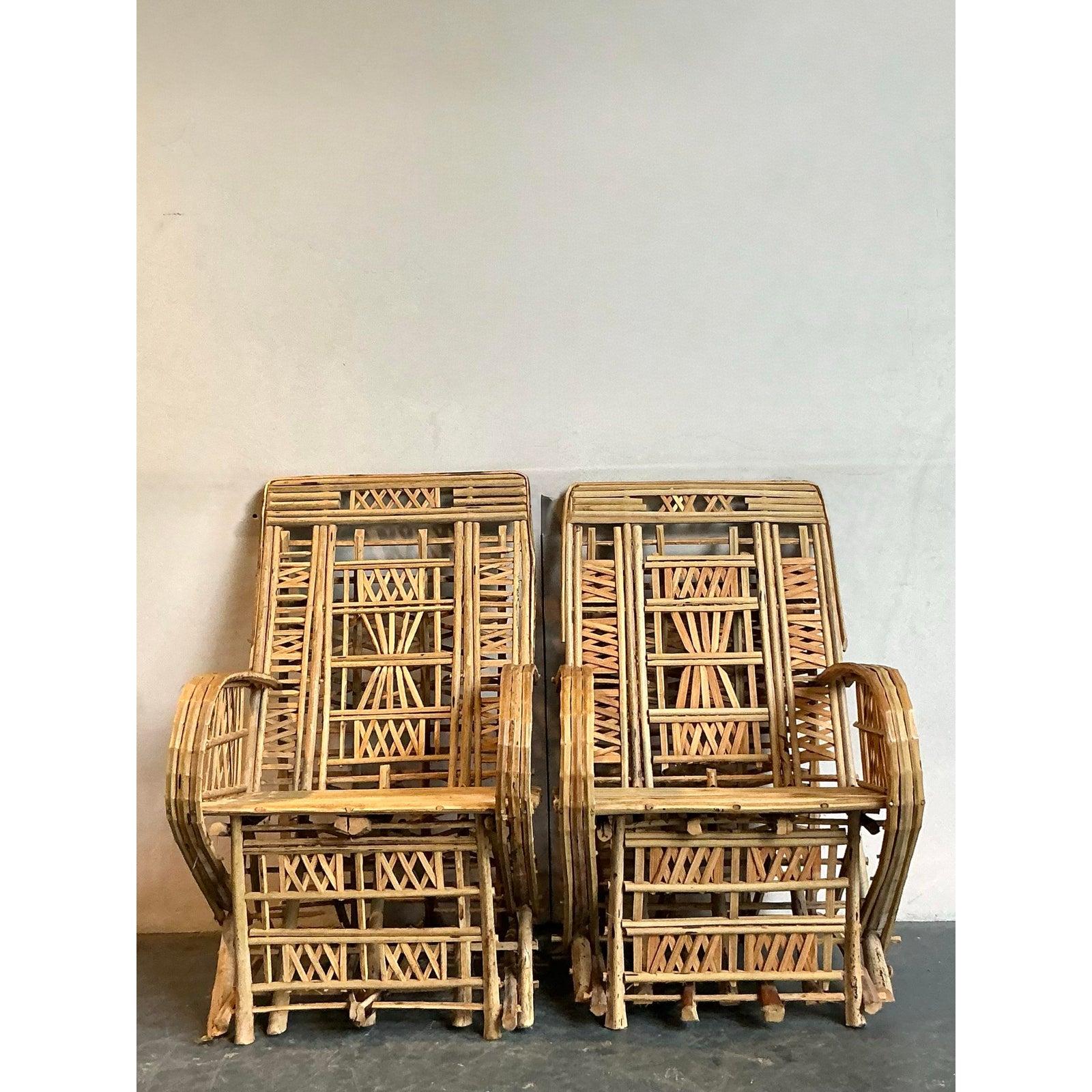 Vintage Boho Trellis Rattan Lounge Chairs - Set of 2 In Good Condition For Sale In West Palm Beach, FL