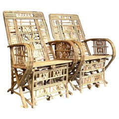 Vintage Boho Trellis Rattan Lounge Chairs - Set of 2