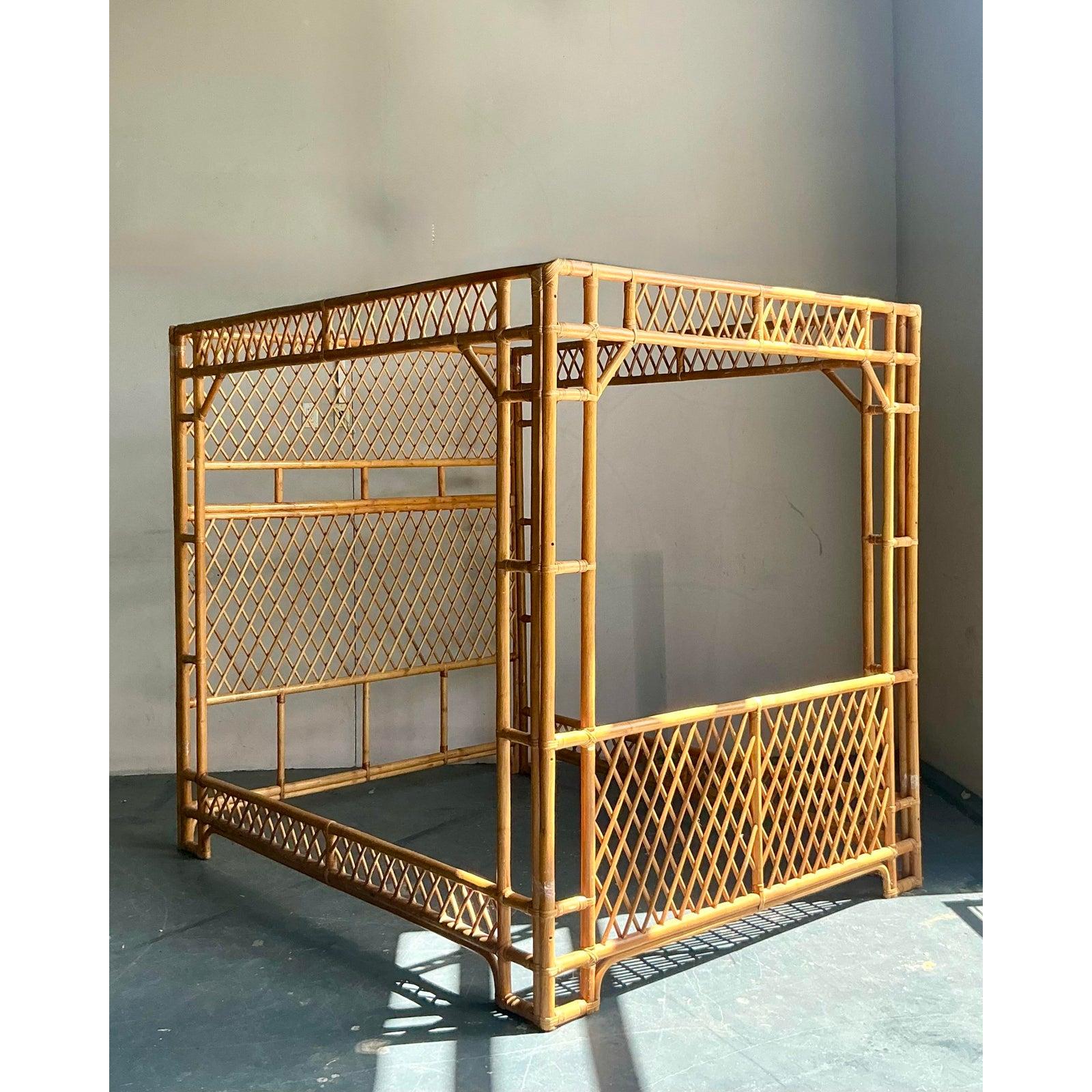 Organic Modern Vintage Boho Trellis Rattan Queen Canopy Bed For Sale