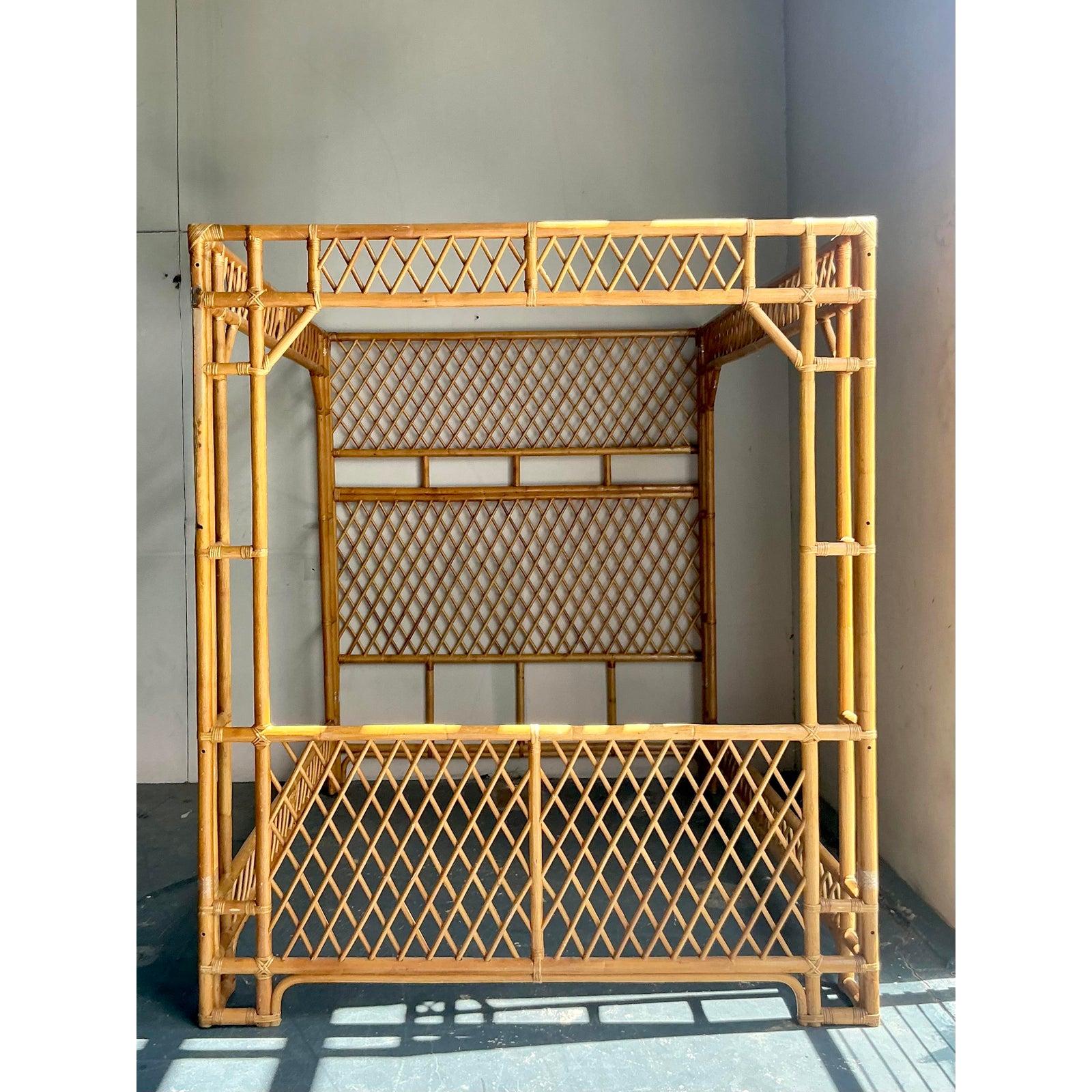 Vintage Boho Trellis Rattan Queen Canopy Bed In Good Condition For Sale In West Palm Beach, FL