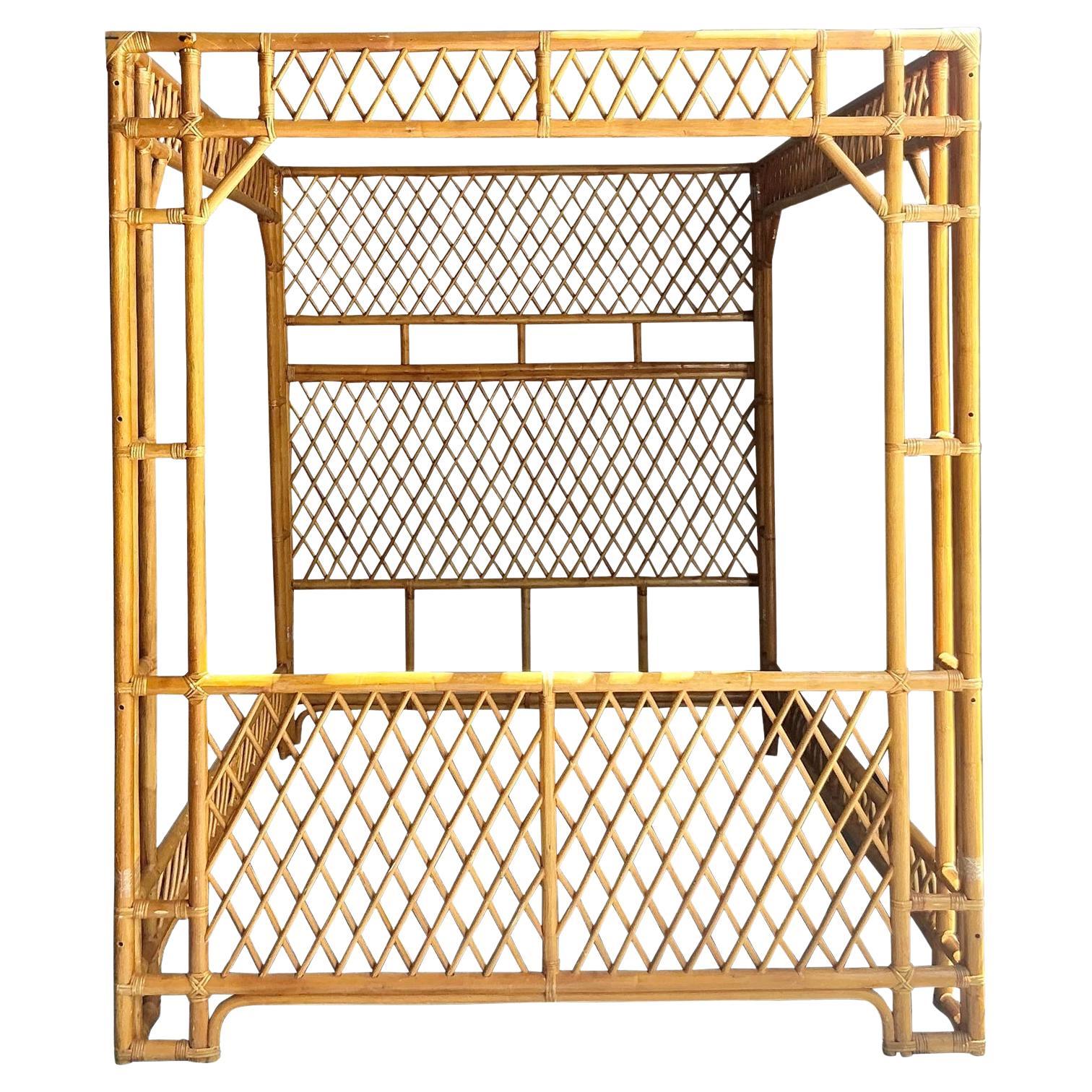 Vintage Boho Trellis Rattan Queen Canopy Bed For Sale