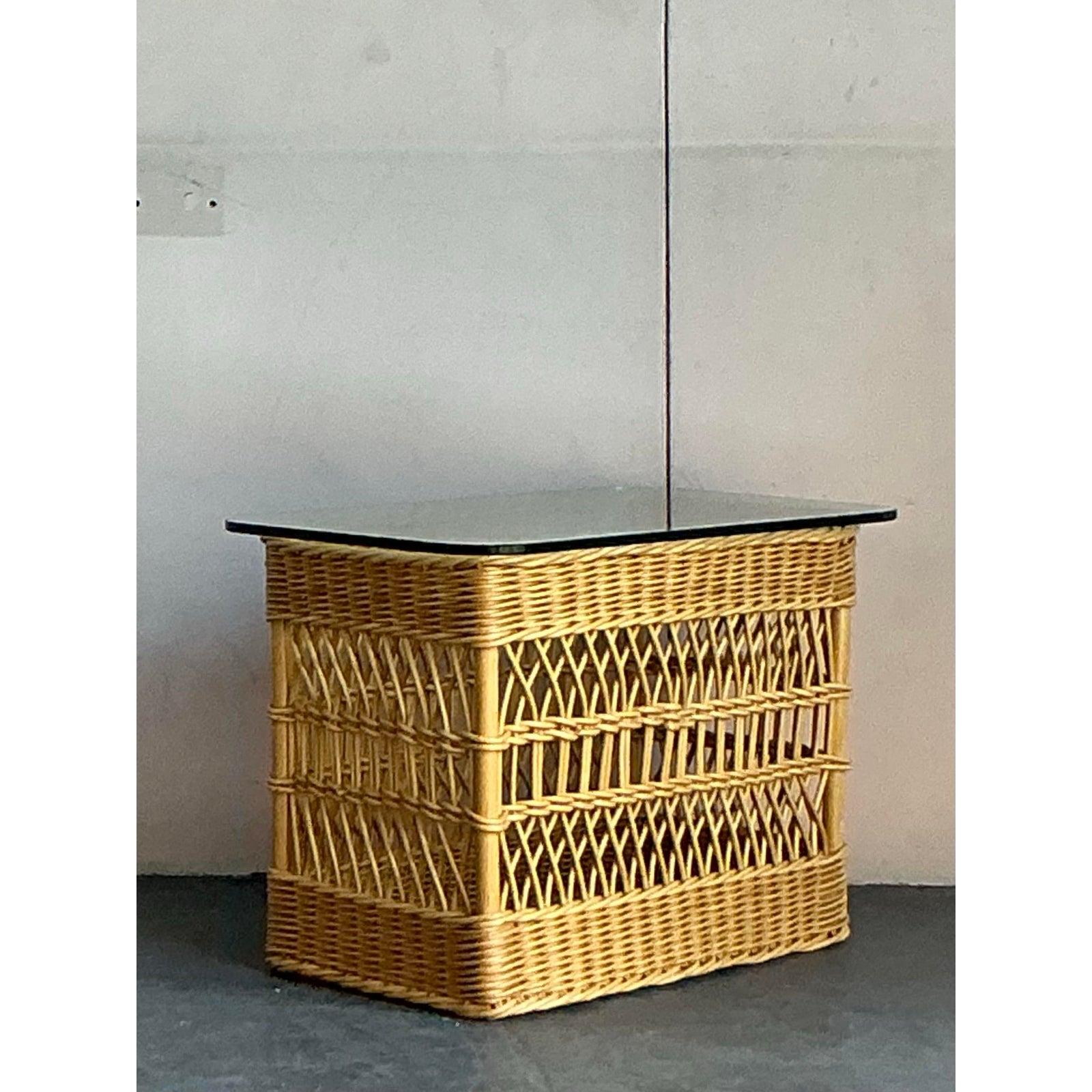 Osier Table d'appoint en rotin vintage Boho Trellis en vente