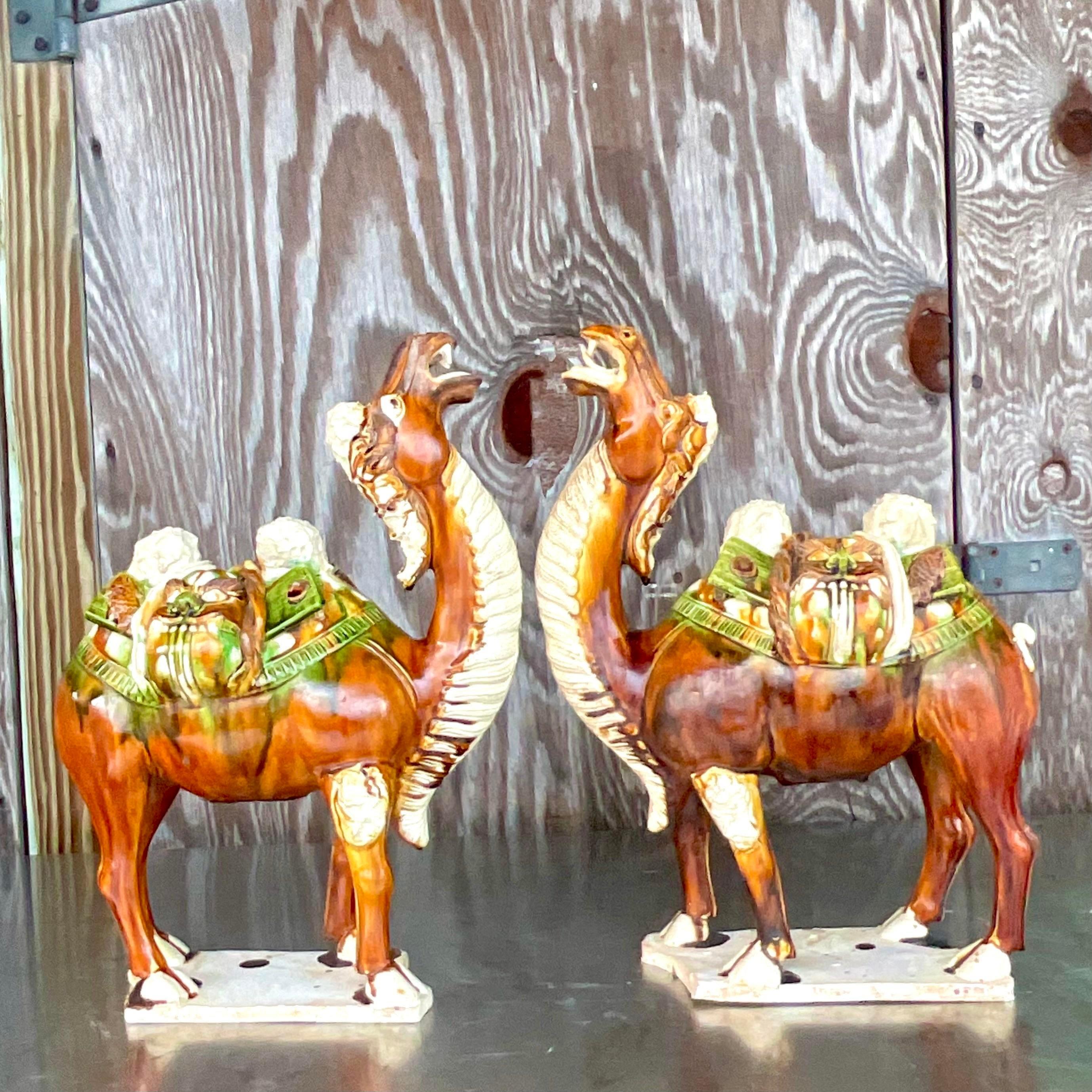 Bohemian Vintage Boho Tri Colored Sancai Glazed Tang Camels - a Pair For Sale
