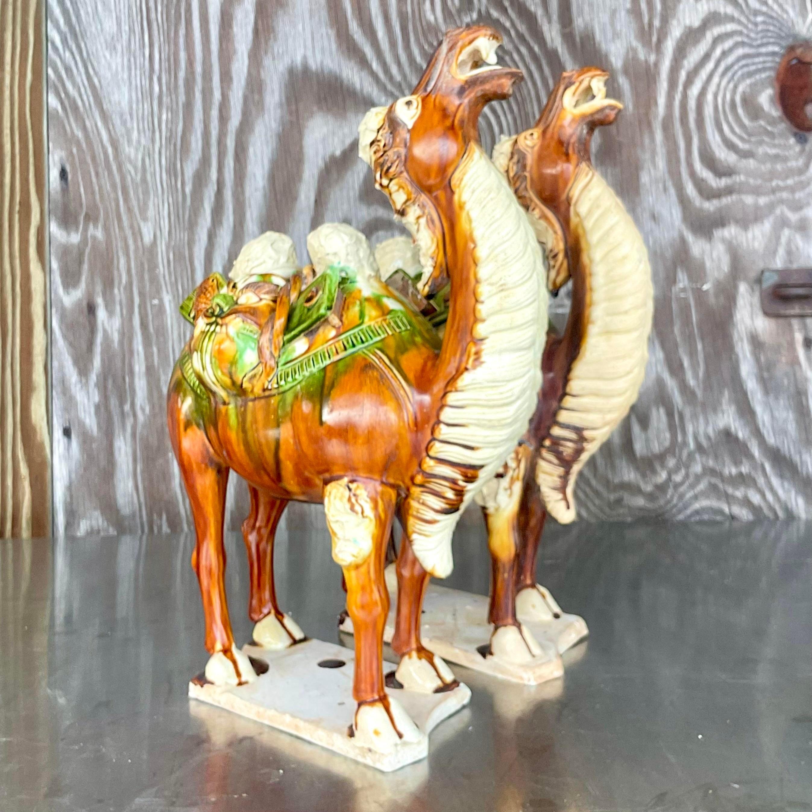 Vintage Boho Tri Colored Sancai Glazed Tang Camels - a Pair In Good Condition For Sale In west palm beach, FL