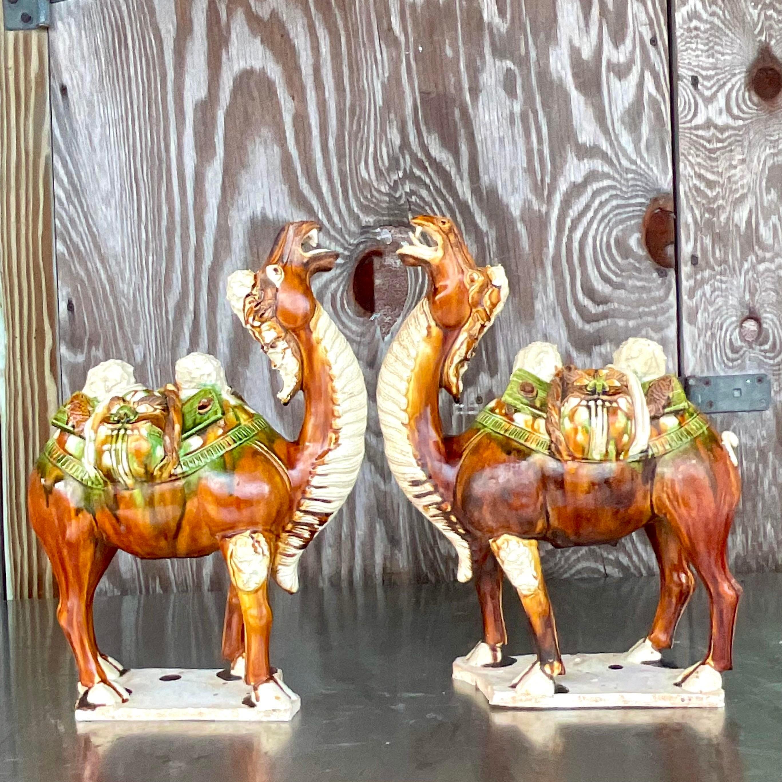 20th Century Vintage Boho Tri Colored Sancai Glazed Tang Camels - a Pair For Sale