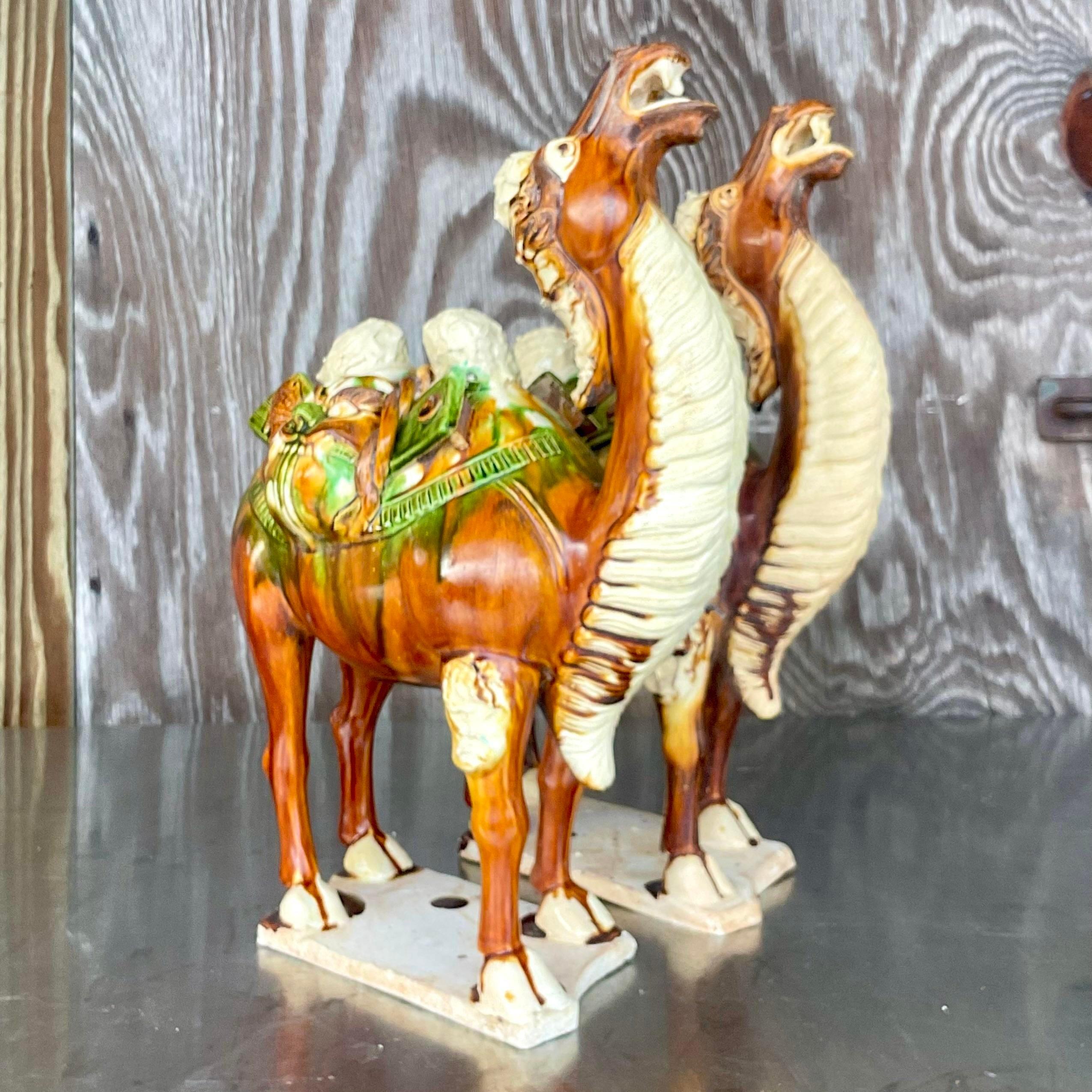 Ceramic Vintage Boho Tri Colored Sancai Glazed Tang Camels - a Pair For Sale