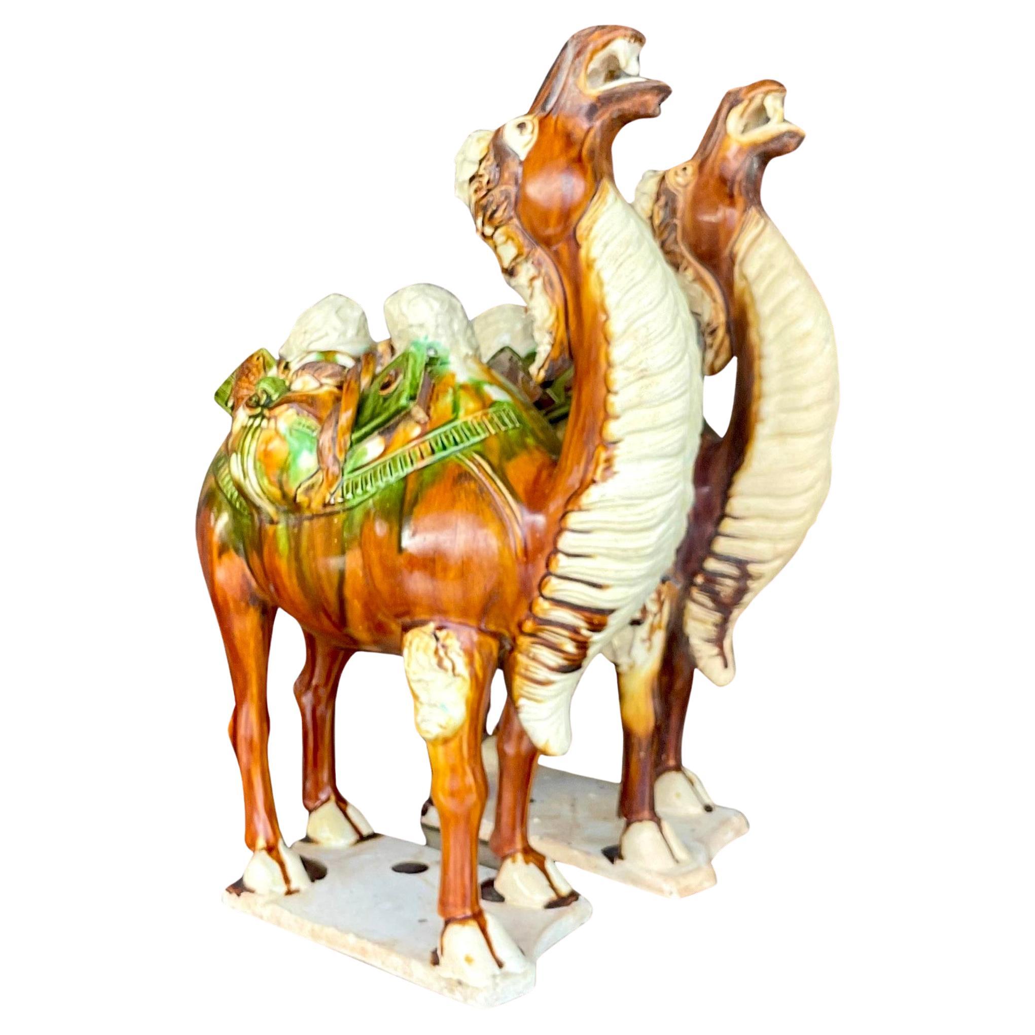 Vintage Boho Tri Colored Sancai Glazed Tang Camels - a Pair For Sale