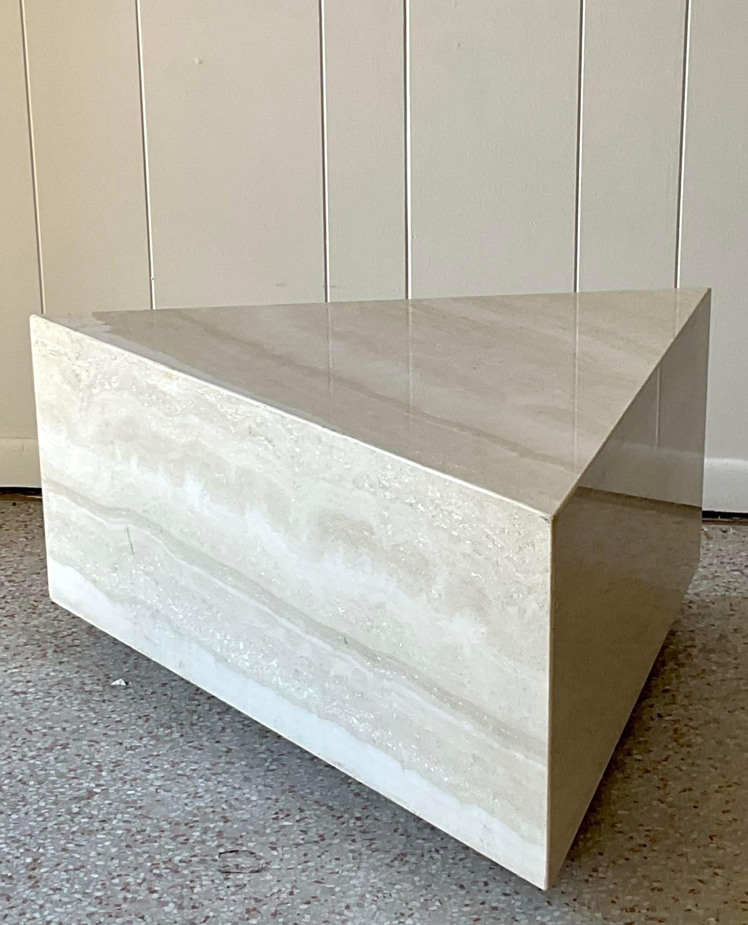 Italian Vintage Boho Triangle Travertine Side Table For Sale