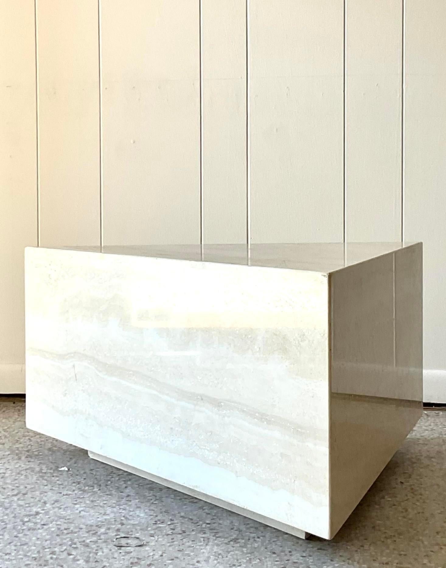 Vintage Boho Triangle Travertine Side Table In Good Condition For Sale In west palm beach, FL