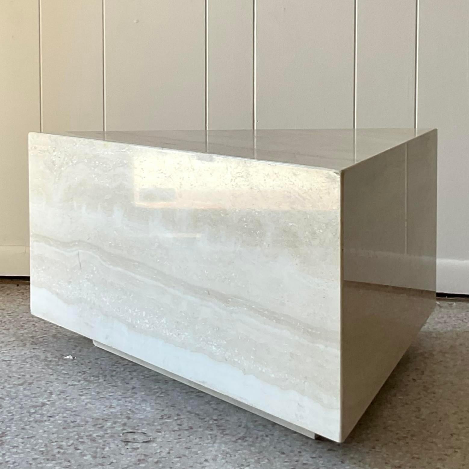 20th Century Vintage Boho Triangle Travertine Side Table For Sale