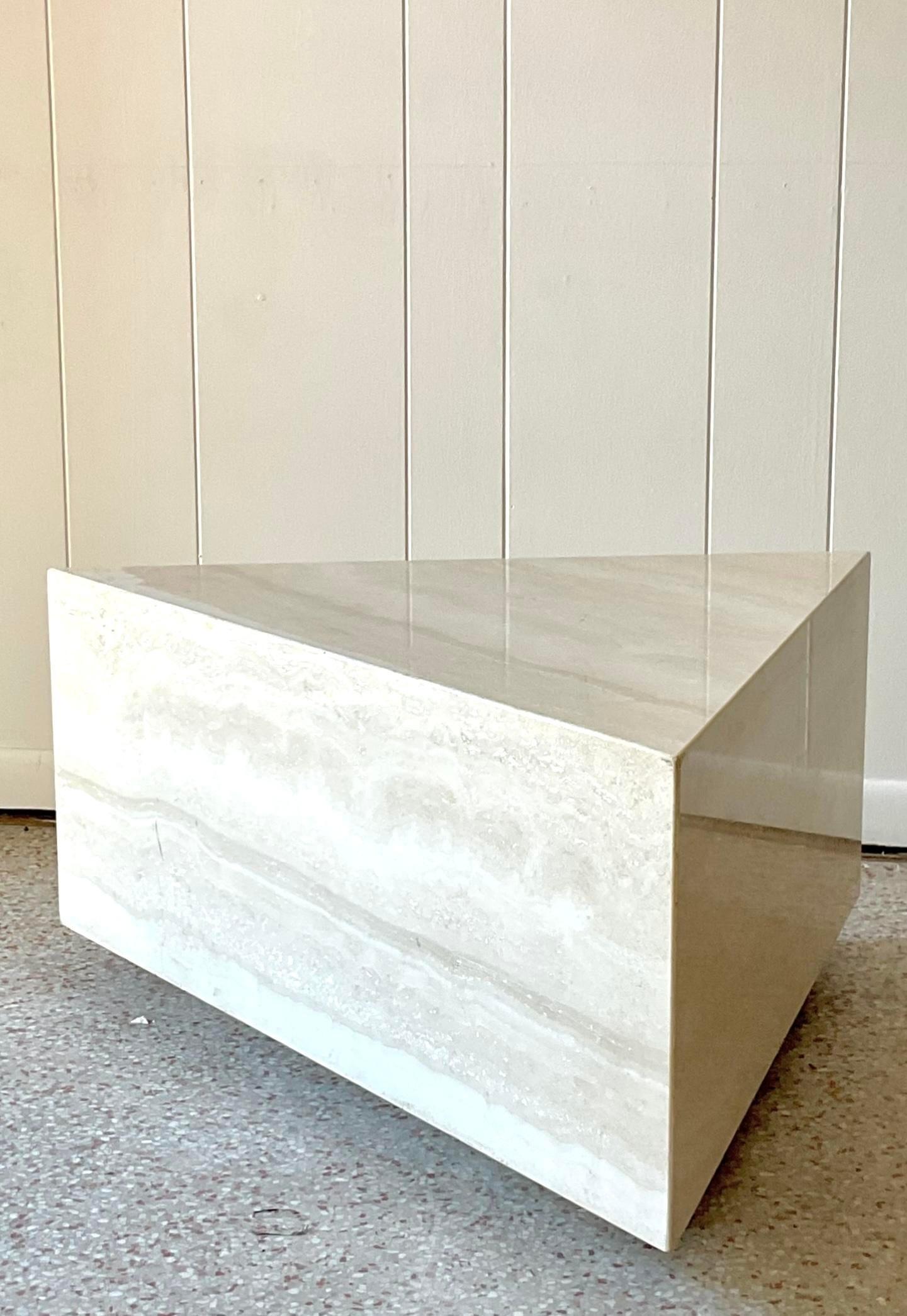 Vintage Boho Triangle Travertine Side Table For Sale 1