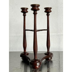 Vintage Boho Tripod Polished Mahogany Candlestick