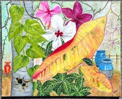 Vintage Boho Tropical Floral Painting on Canvas