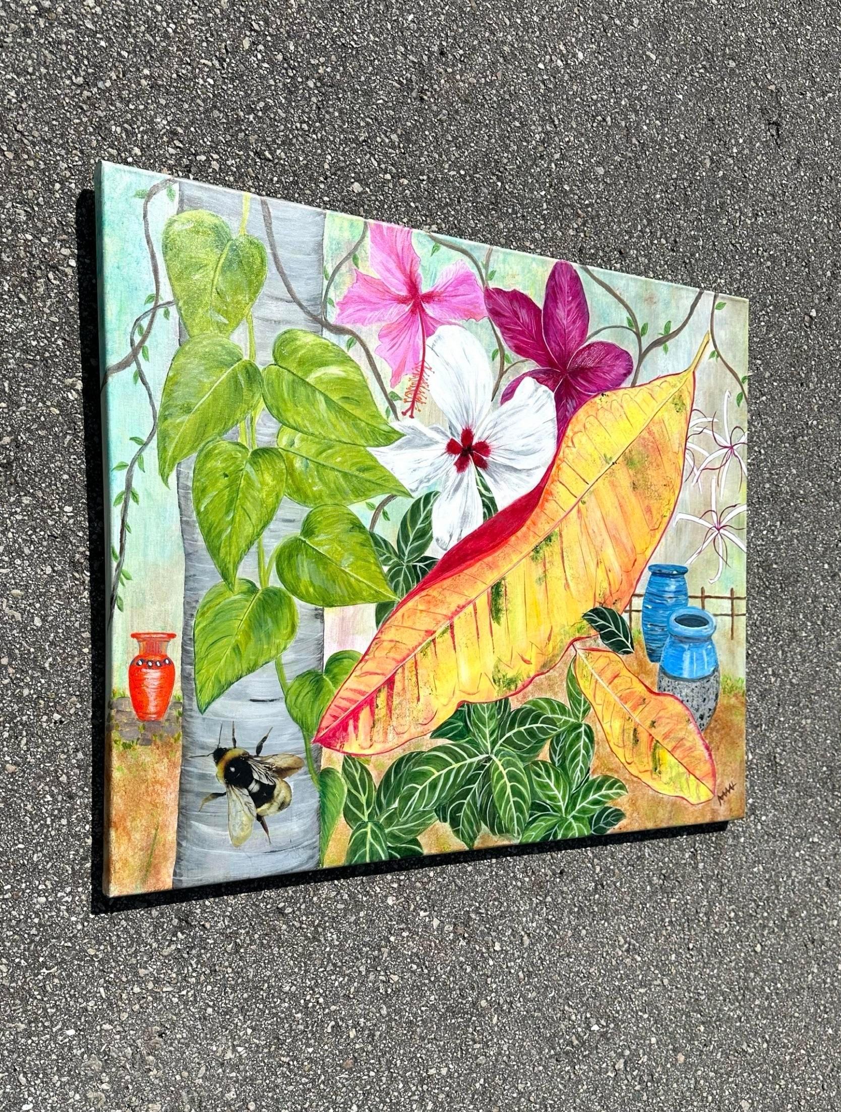 Bohemian Vintage Boho Tropical Floral Painting on Canvas For Sale