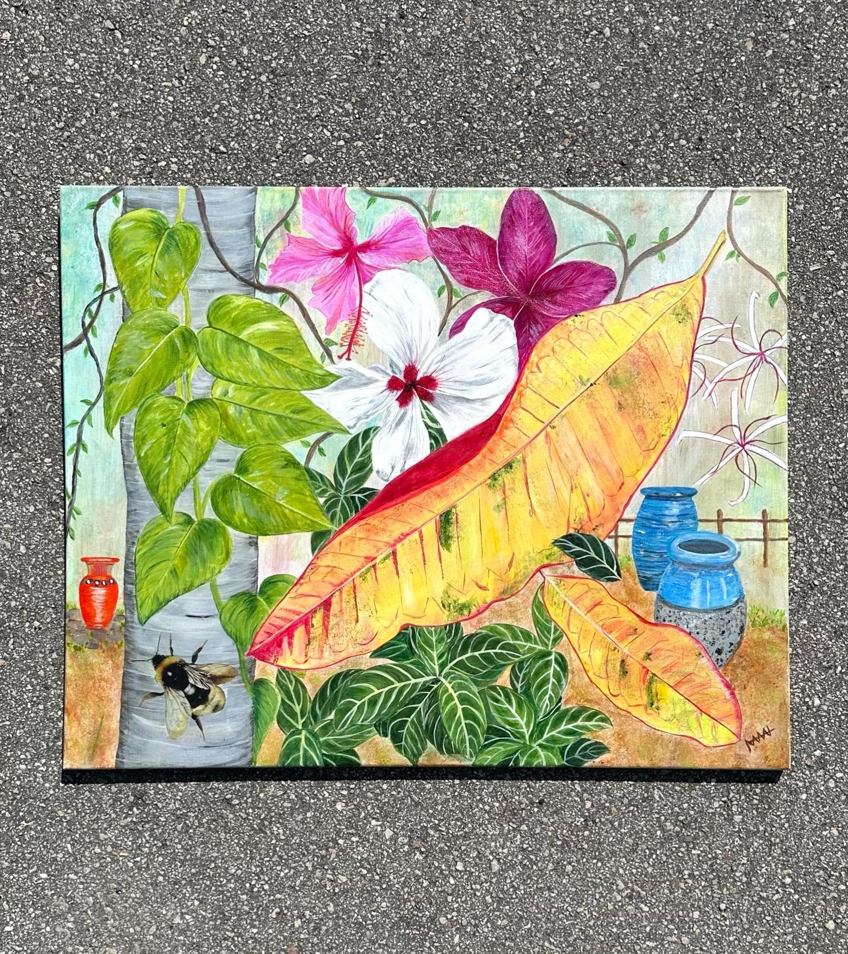 Vintage Boho Tropical Floral Painting on Canvas In Good Condition For Sale In west palm beach, FL