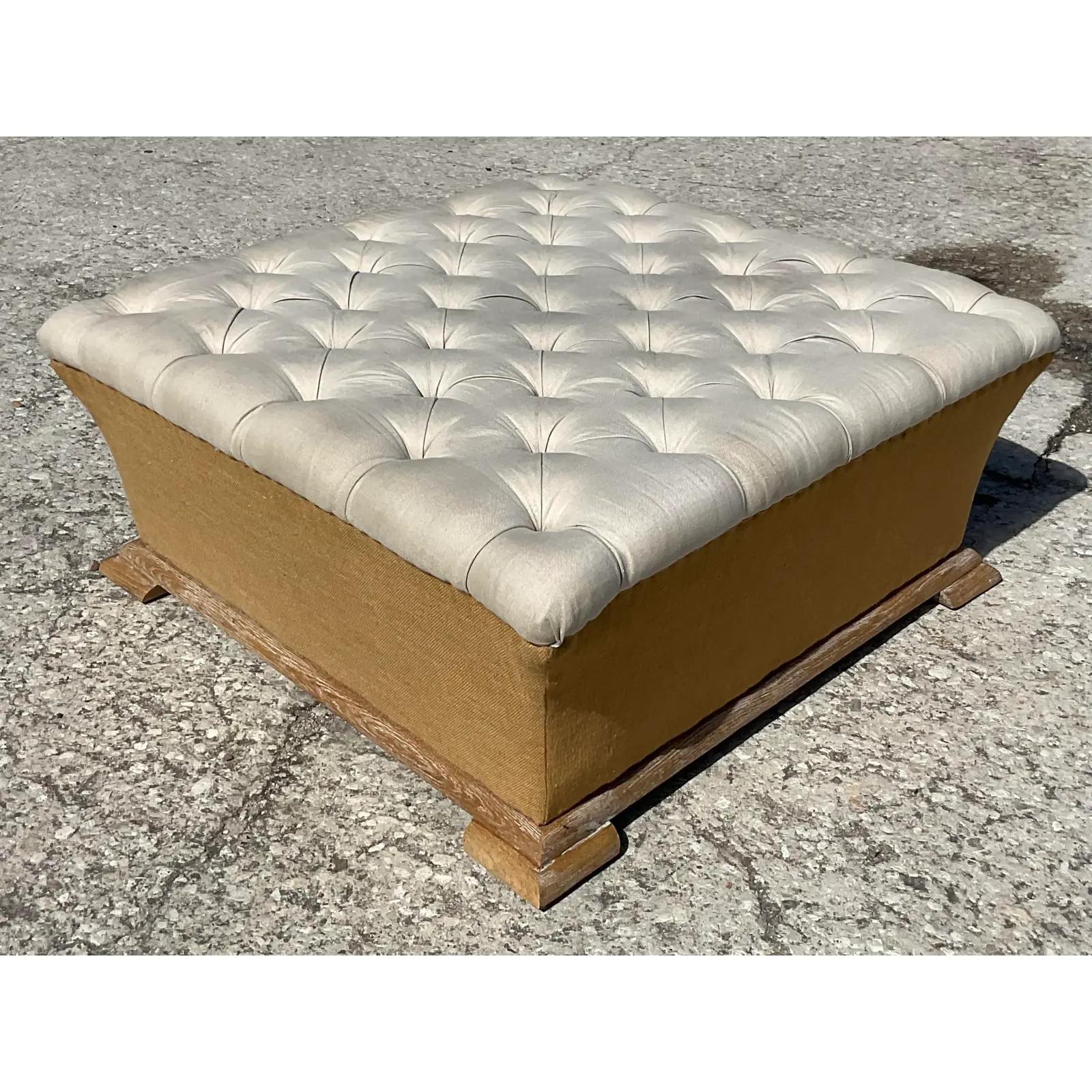 Vintage Boho Tufted Burlap Ottoman In Good Condition In west palm beach, FL