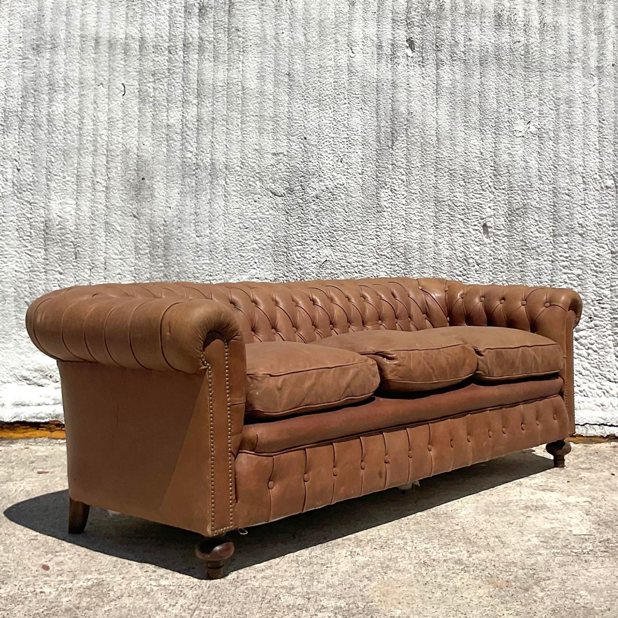 American Vintage Boho Tufted Leather Chesterfield Sofa