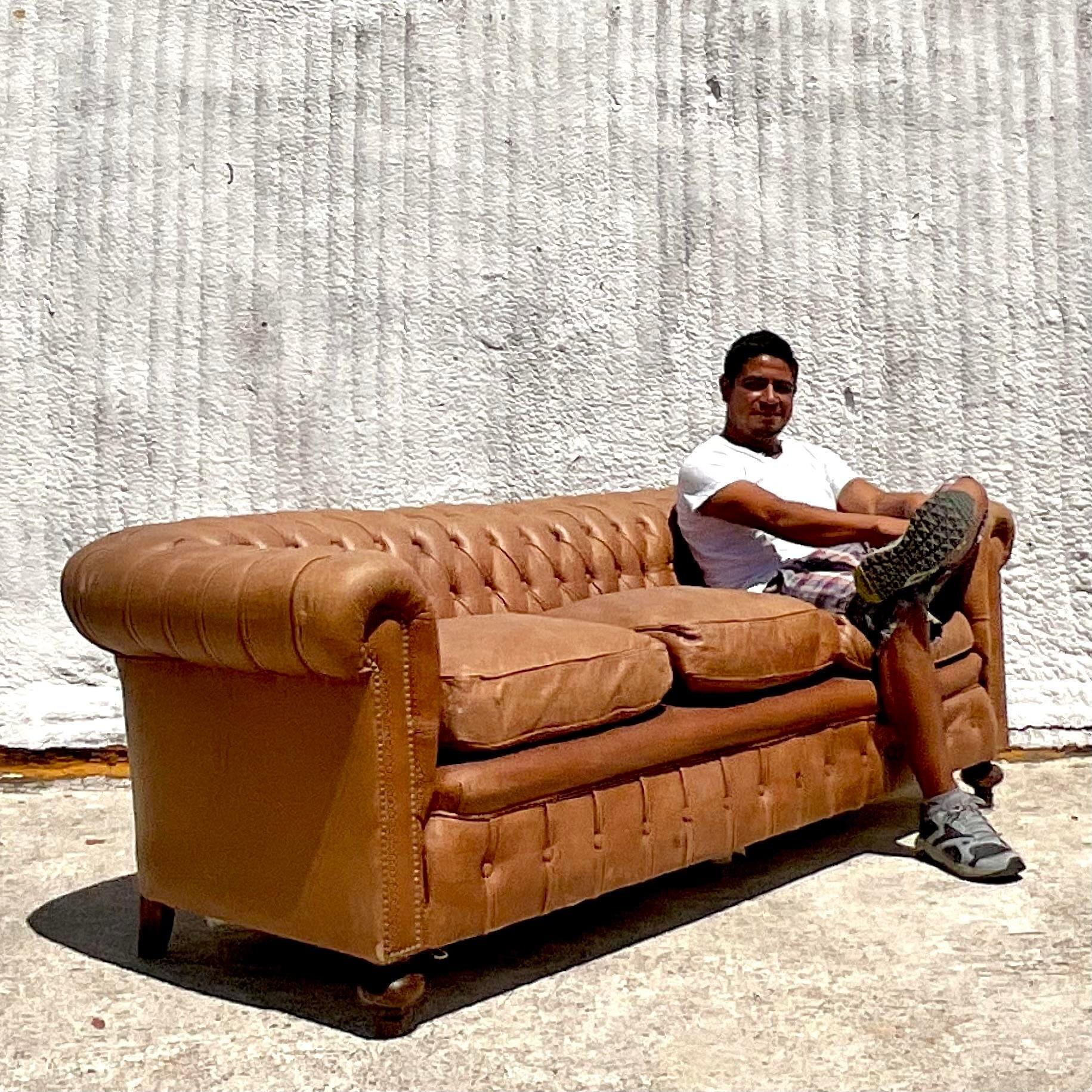 Vintage Boho Tufted Leather Chesterfield Sofa In Good Condition In West Palm Beach, FL