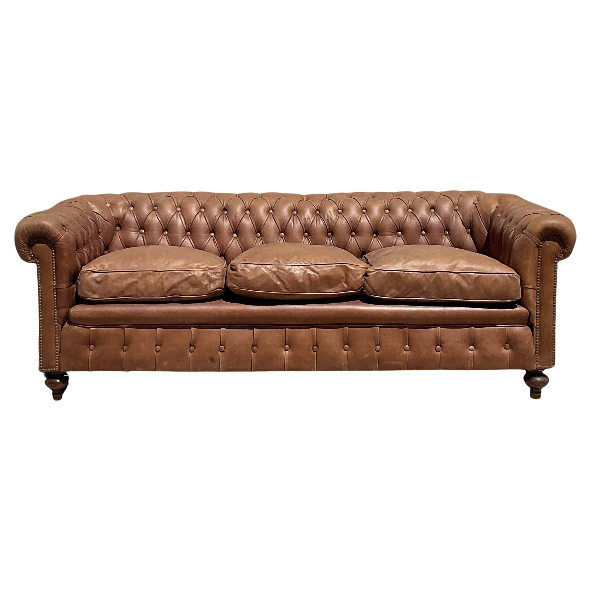 Vintage Boho Tufted Leather Chesterfield Sofa