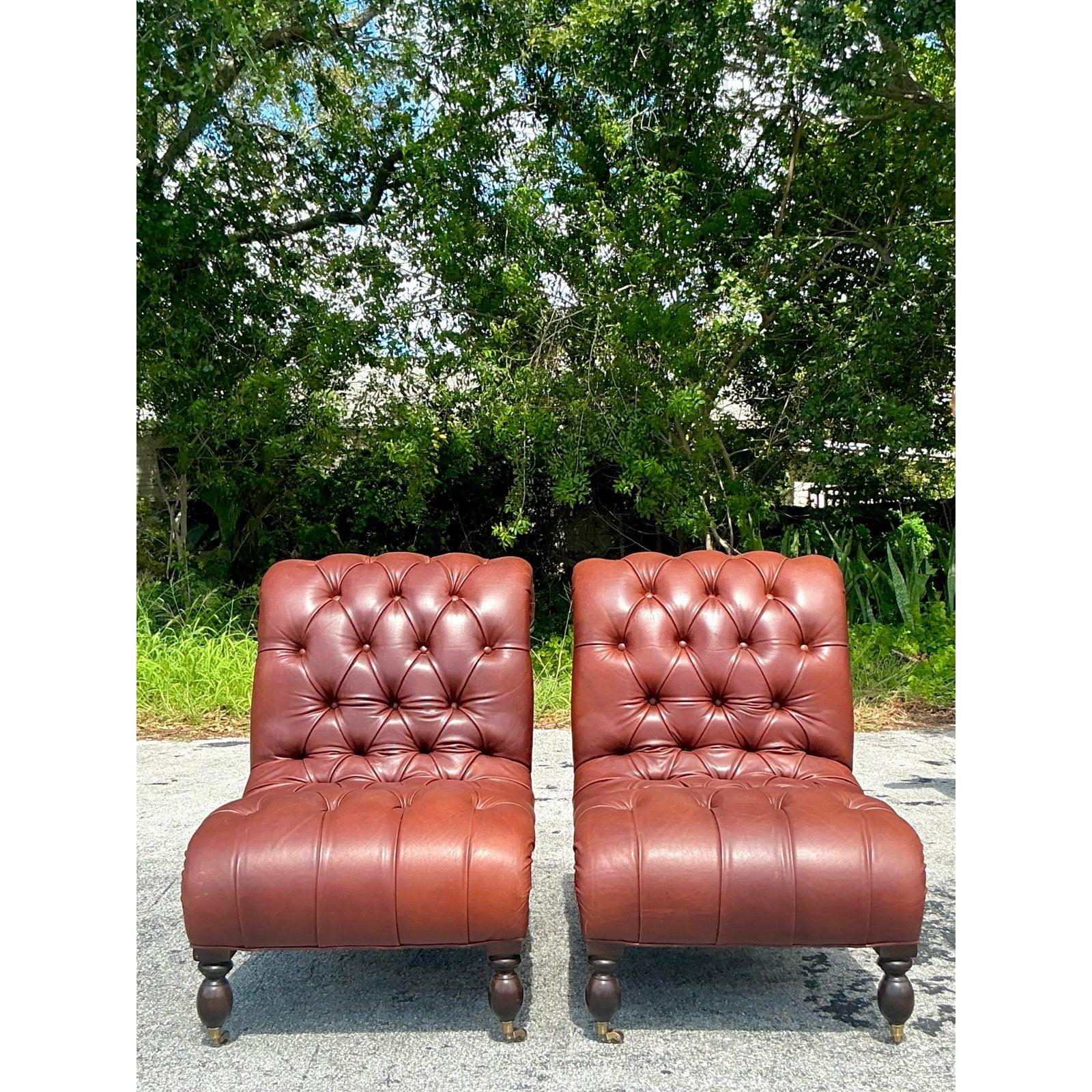 Vintage Boho Tufted Leather Slipper Chairs After George Smith- Set of 2 For Sale 3