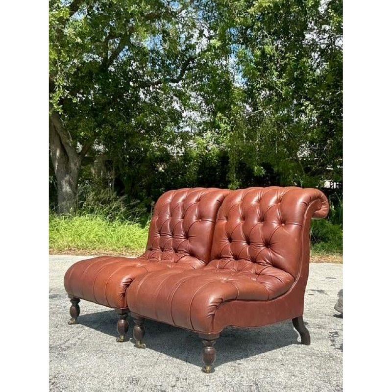 American Vintage Boho Tufted Leather Slipper Chairs After George Smith- Set of 2 For Sale