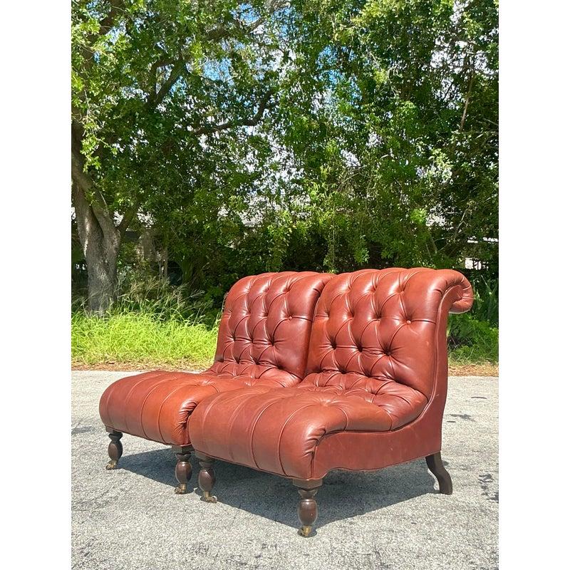 Vintage Boho Tufted Leather Slipper Chairs After George Smith- Set of 2 In Good Condition For Sale In west palm beach, FL