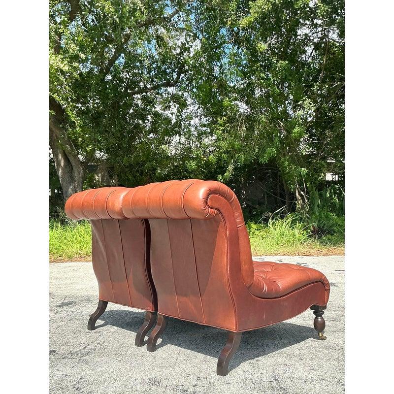20th Century Vintage Boho Tufted Leather Slipper Chairs After George Smith- Set of 2 For Sale