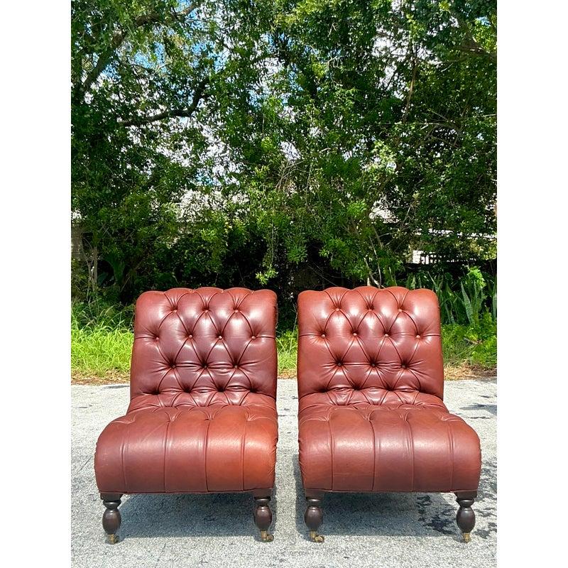Brass Vintage Boho Tufted Leather Slipper Chairs After George Smith- Set of 2 For Sale