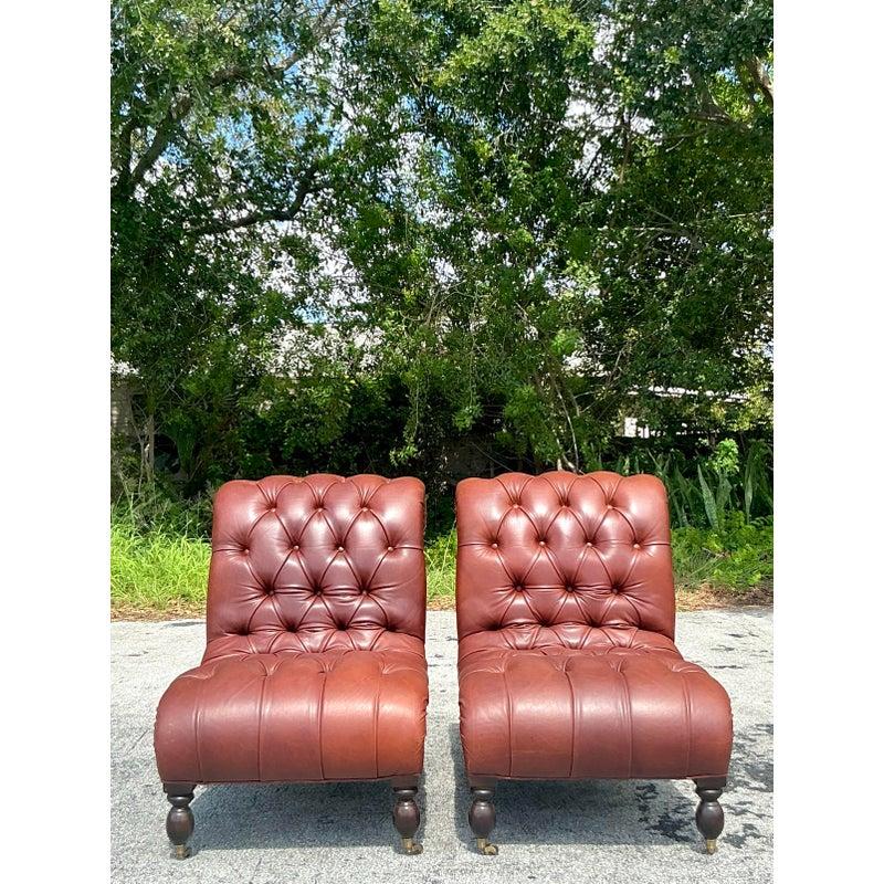 Vintage Boho Tufted Leather Slipper Chairs After George Smith- Set of 2 For Sale 1