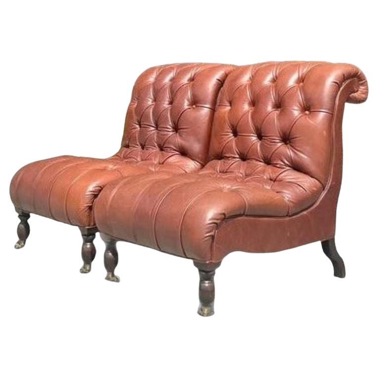 Vintage Boho Tufted Leather Slipper Chairs After George Smith- Set of 2 For Sale