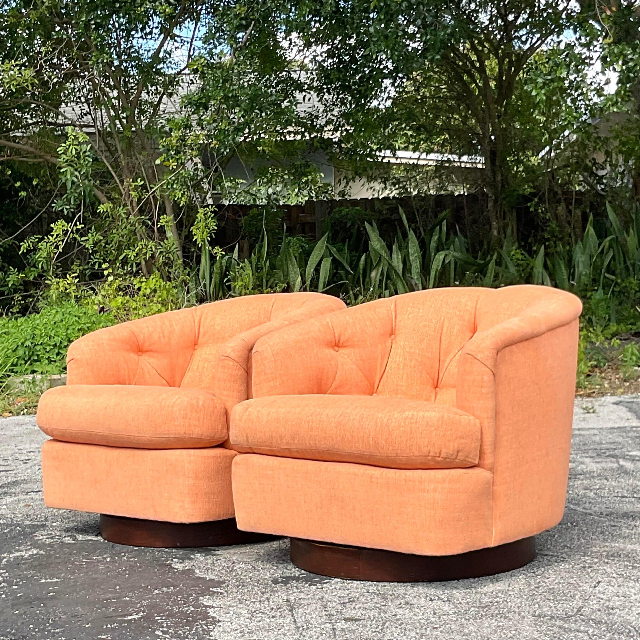 20th Century Vintage Boho Tufted Swivel Chairs After Milo Baughman - a Pair For Sale