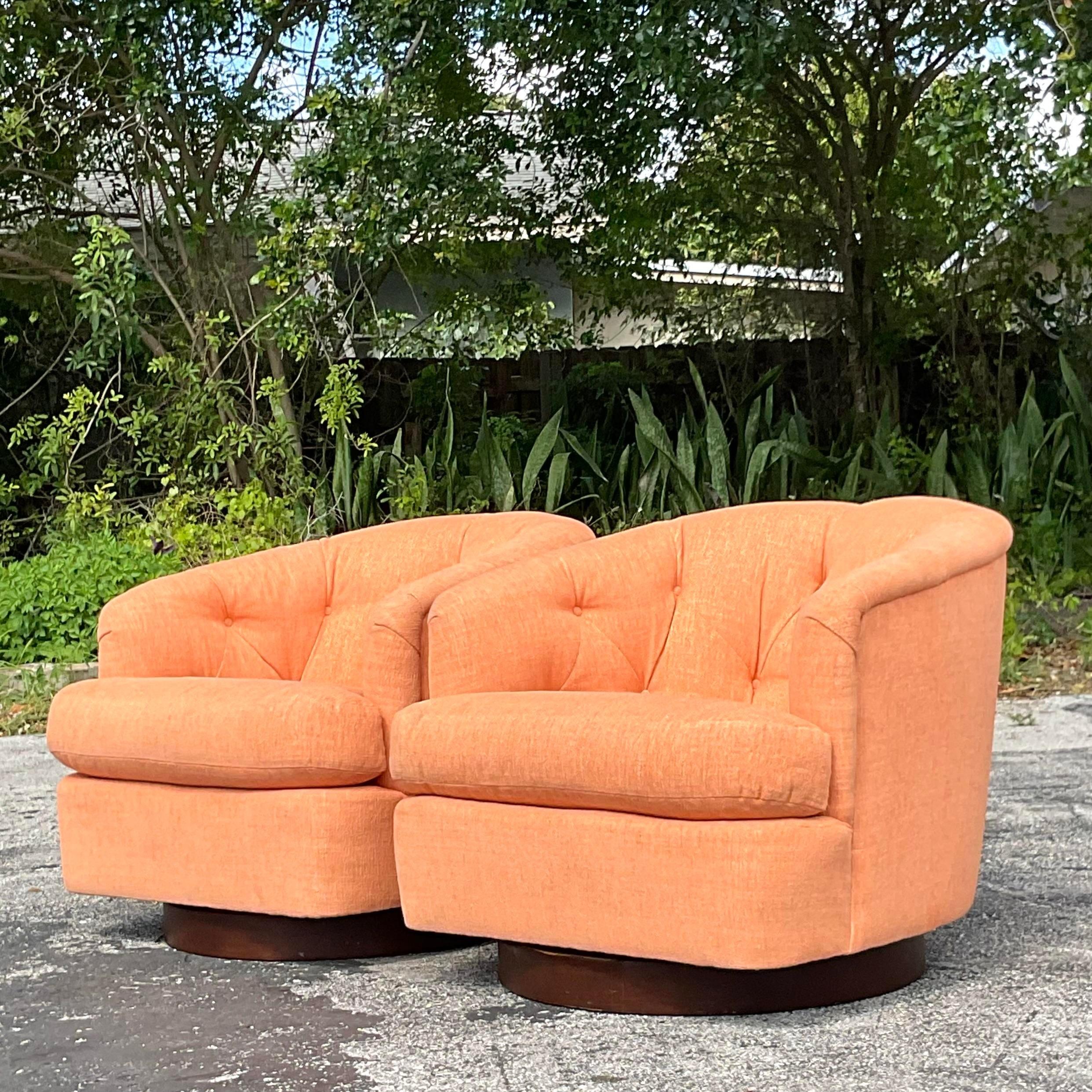 Upholstery Vintage Boho Tufted Swivel Chairs After Milo Baughman - a Pair For Sale