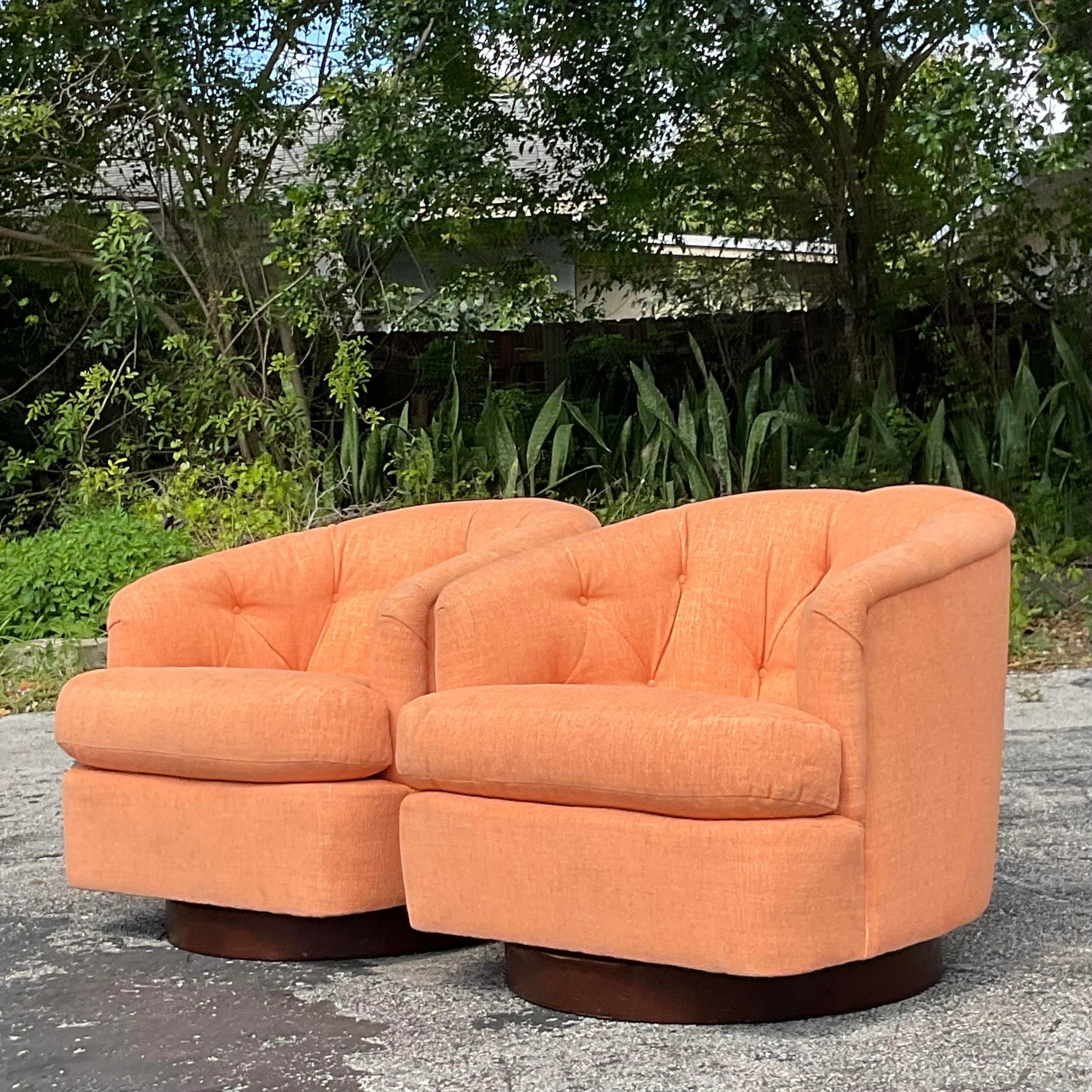 Vintage Boho Tufted Swivel Chairs After Milo Baughman - a Pair For Sale 1