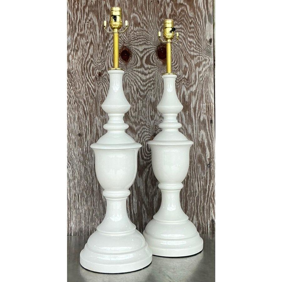 Paire de lampes vintage en céramique tournée Boho Bon état - En vente à West Palm Beach, FL
