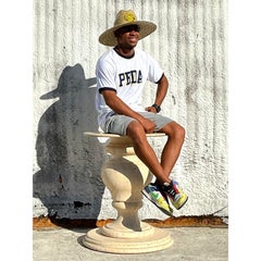 Vintage Boho Turned Travertine Dining Table Pedestal