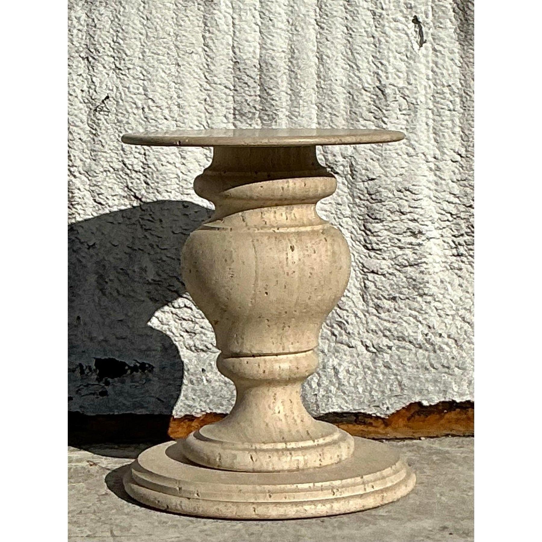 American Vintage Boho Turned Travertine Dining Table Pedestal For Sale
