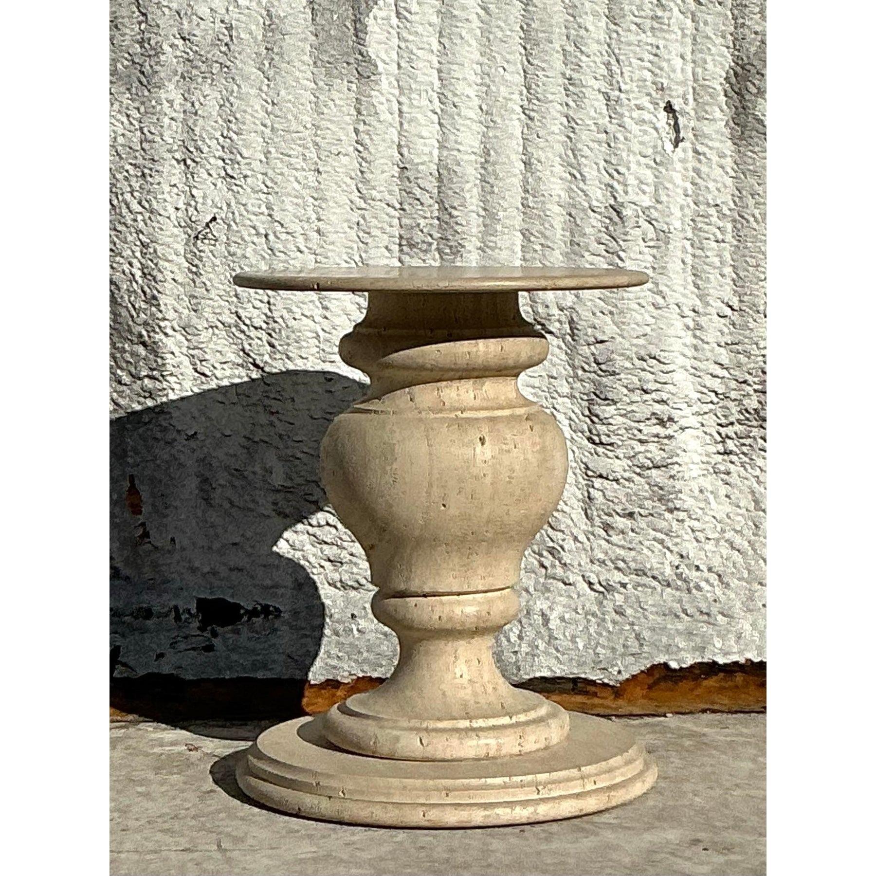 Vintage Boho Turned Travertine Dining Table Pedestal In Good Condition For Sale In west palm beach, FL