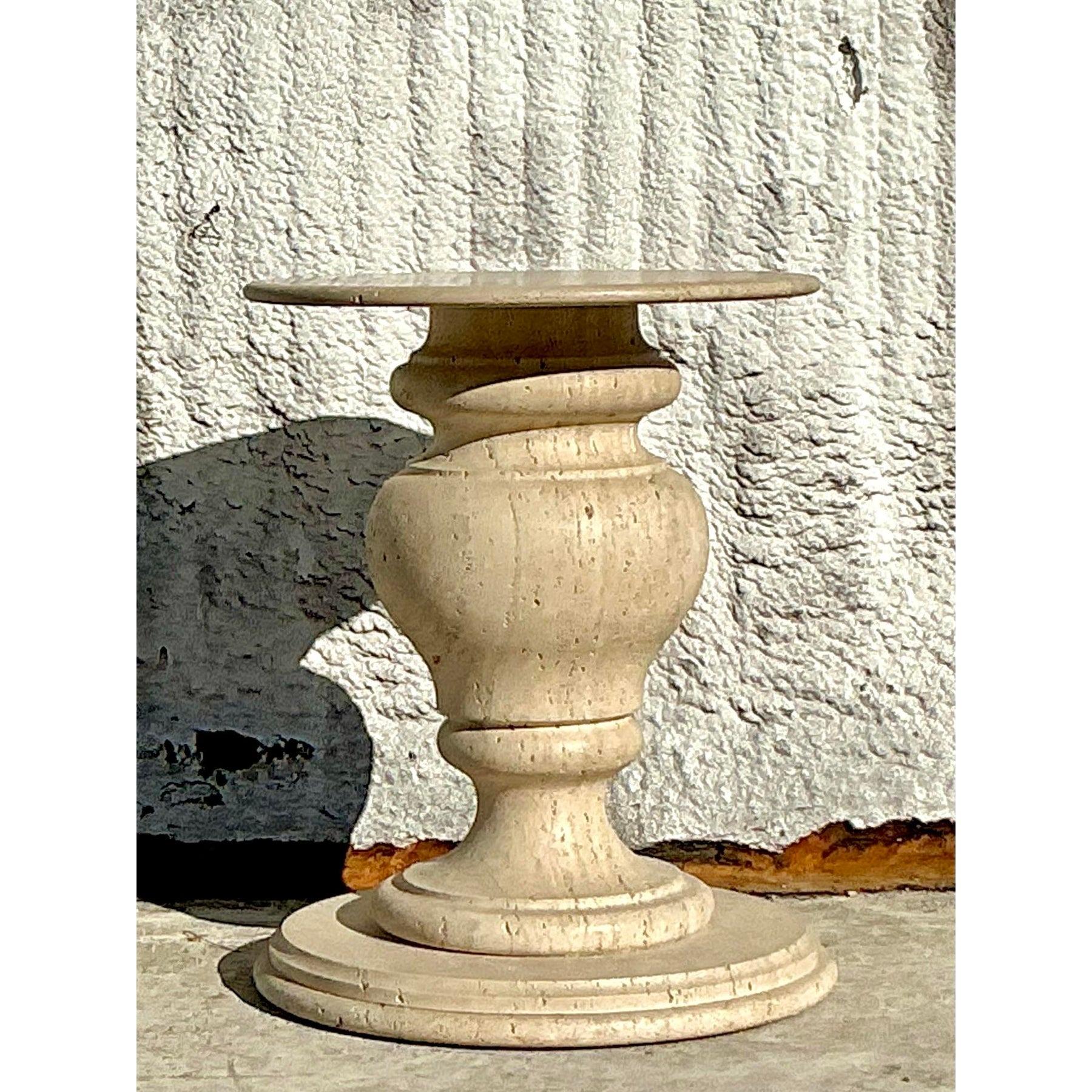 20th Century Vintage Boho Turned Travertine Dining Table Pedestal For Sale