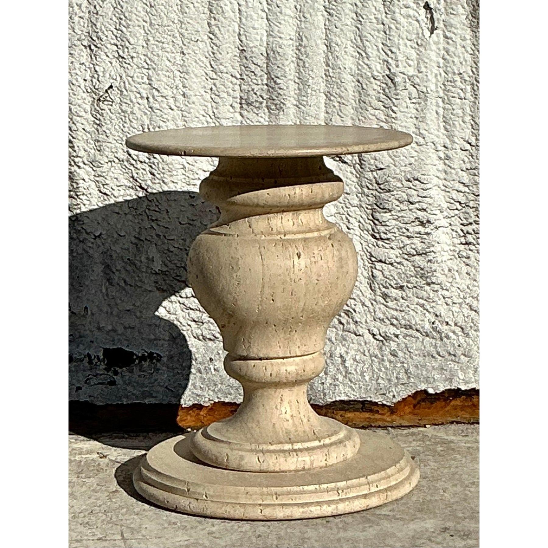 Vintage Boho Turned Travertine Dining Table Pedestal For Sale 1
