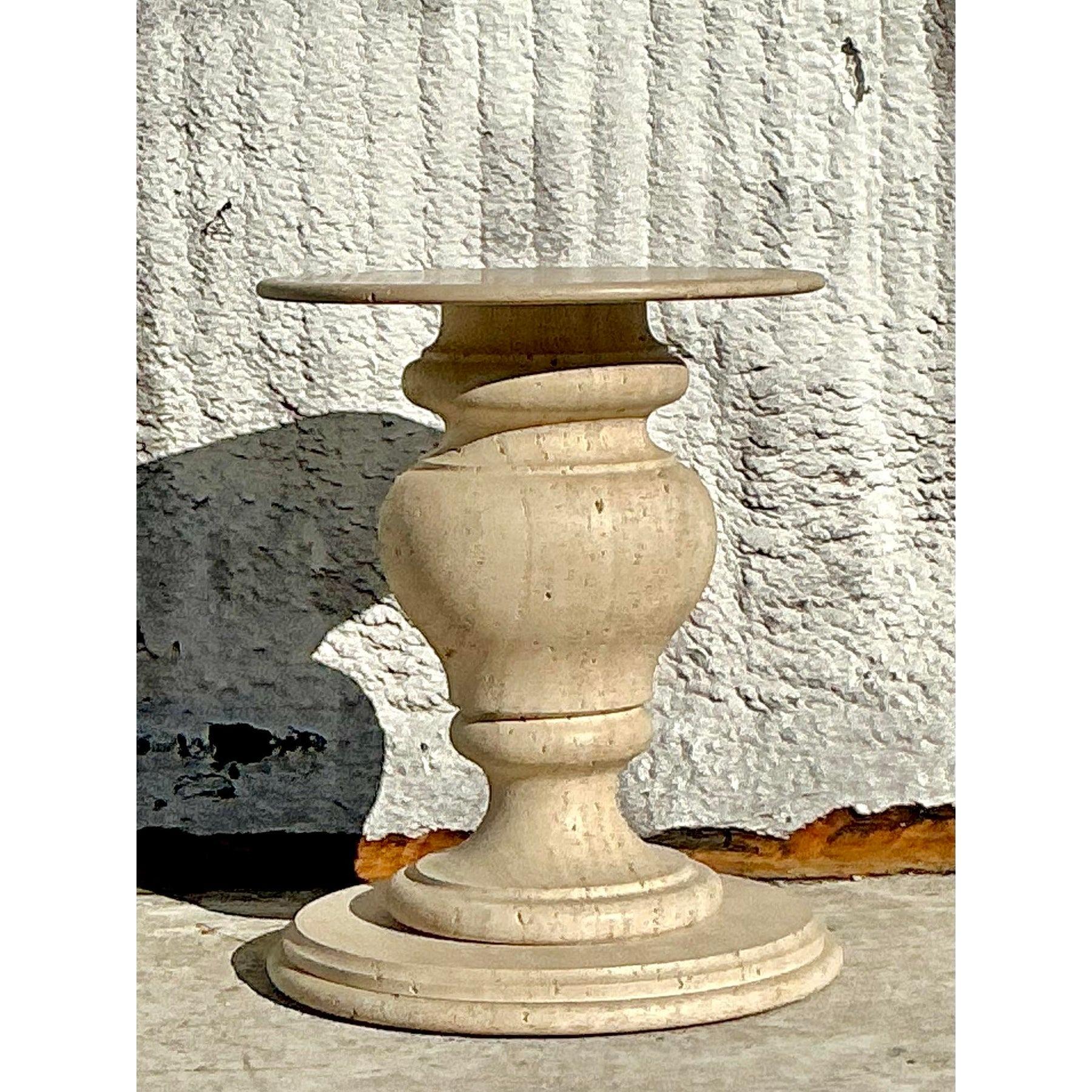 Vintage Boho Turned Travertine Dining Table Pedestal For Sale 3