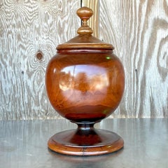 Vintage Boho Turned Wood Lidded Urn
