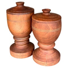 Vintage Boho Turned Wood Lidded Urns - a Pair