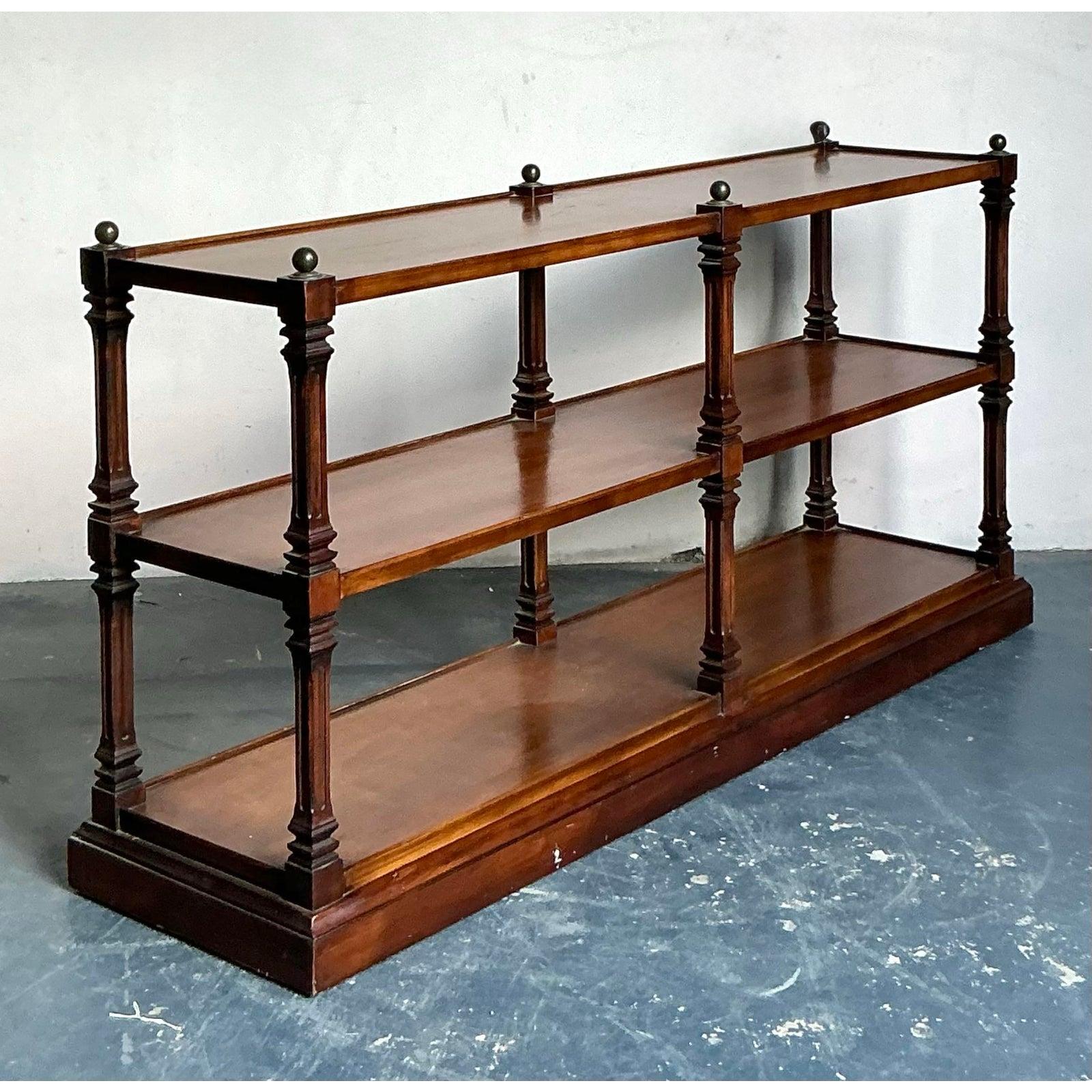 Brass Vintage Boho Turned Wood Low Etagere For Sale